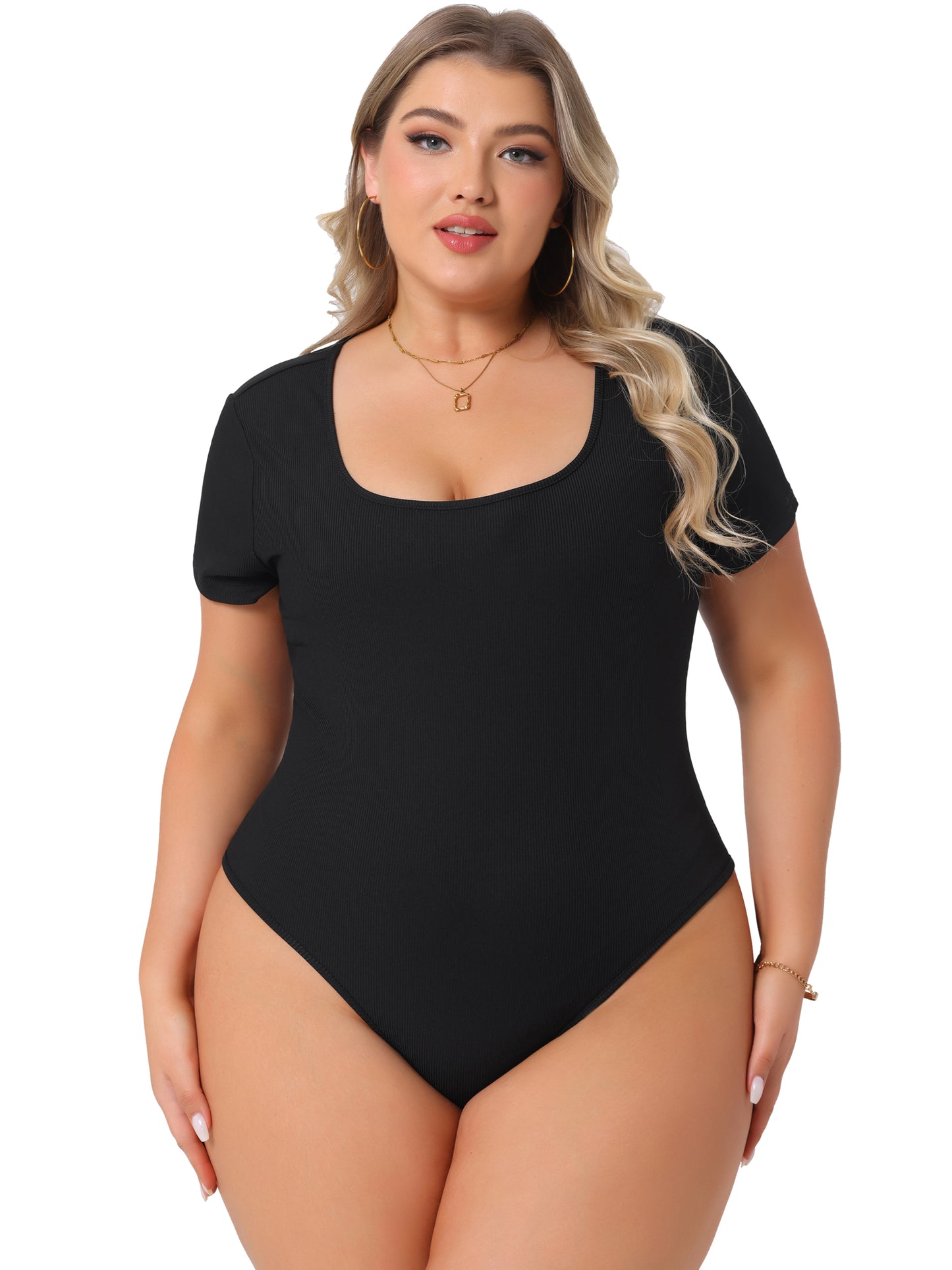 Womens Plus Size 2 Piece Set Square Neck Short Sleeve Bodysuit Top Wide Leg Pants Outfit
