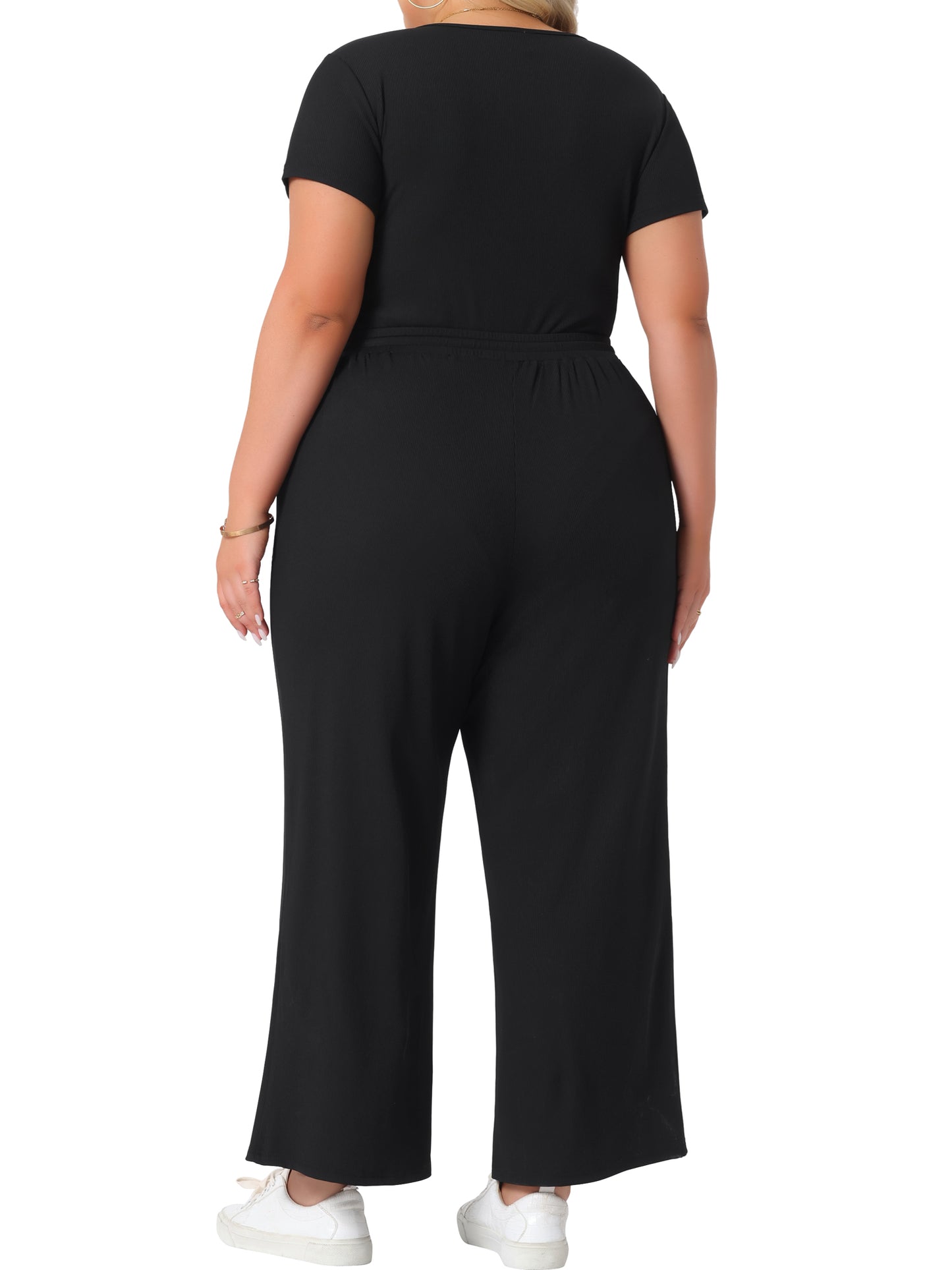 Womens Plus Size 2 Piece Set Square Neck Short Sleeve Bodysuit Top Wide Leg Pants Outfit