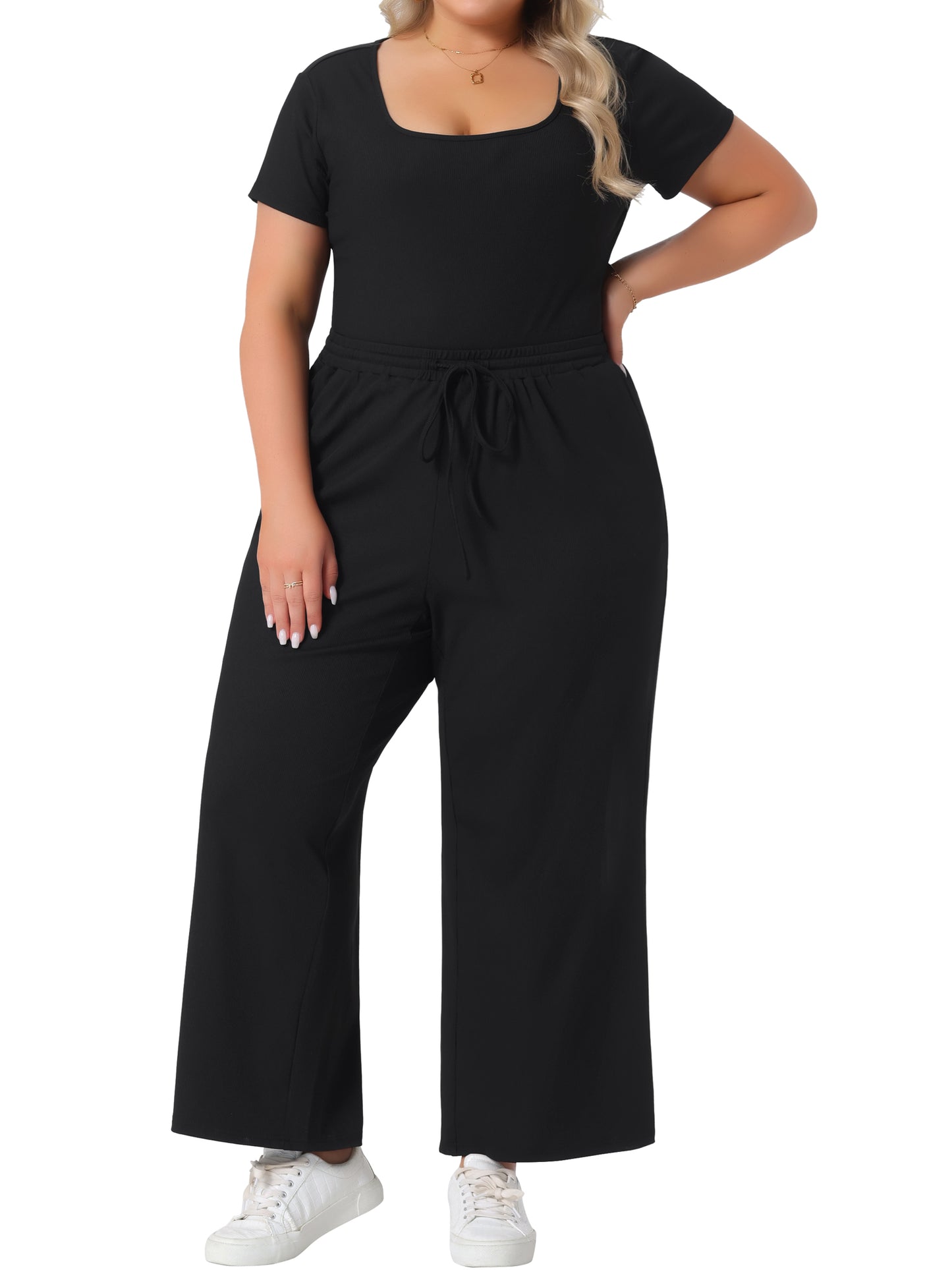 Womens Plus Size 2 Piece Set Square Neck Short Sleeve Bodysuit Top Wide Leg Pants Outfit