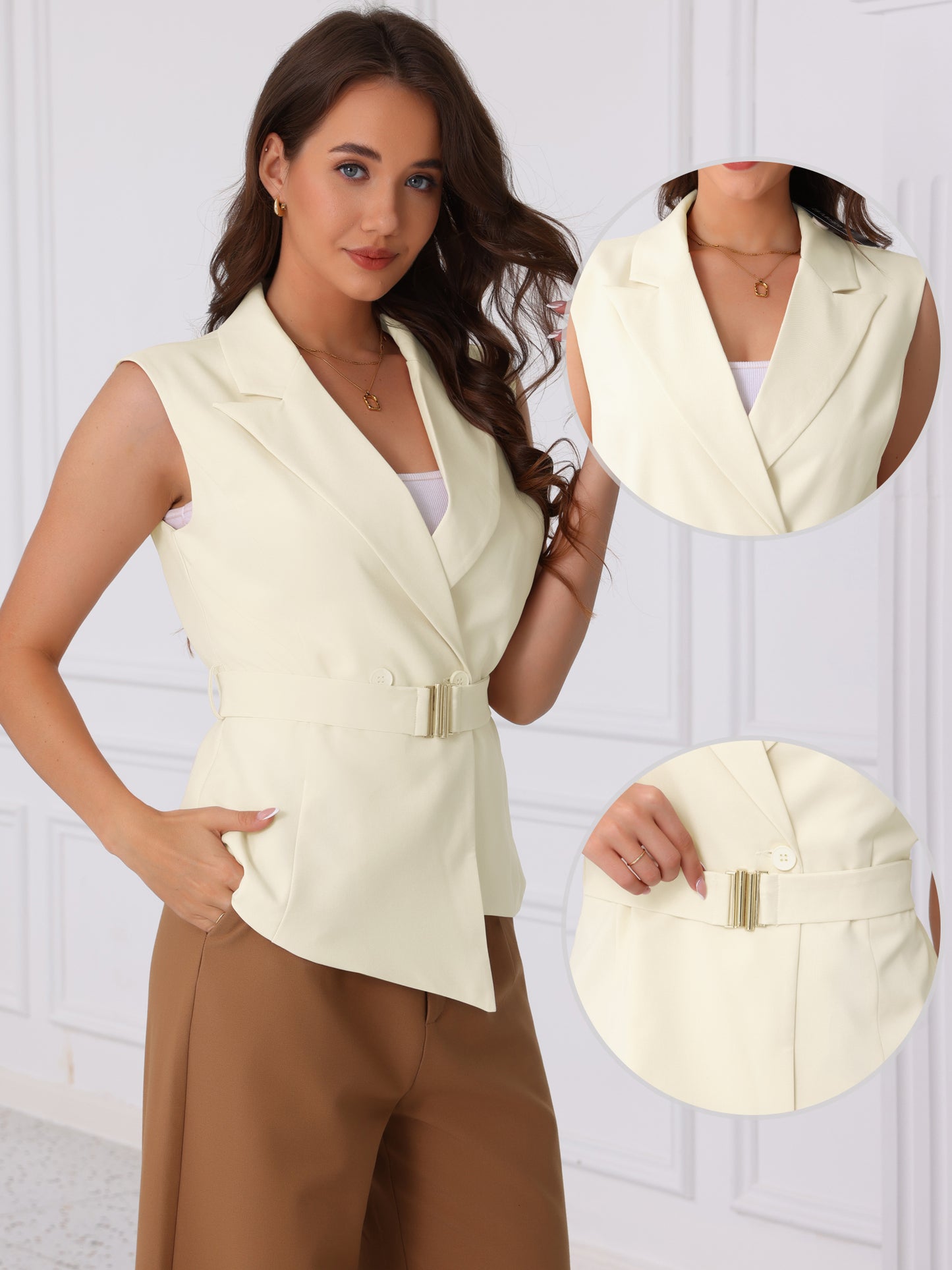 Women's Belted Dressy Sleeveless Business Casual Blazer Vest