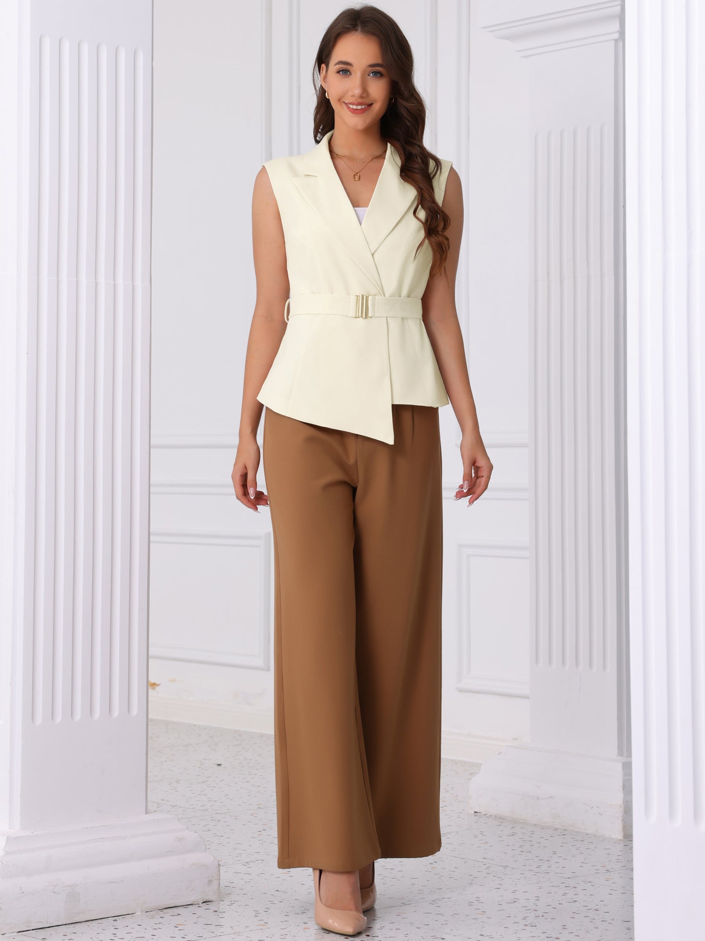 Women's Belted Dressy Sleeveless Business Casual Blazer Vest