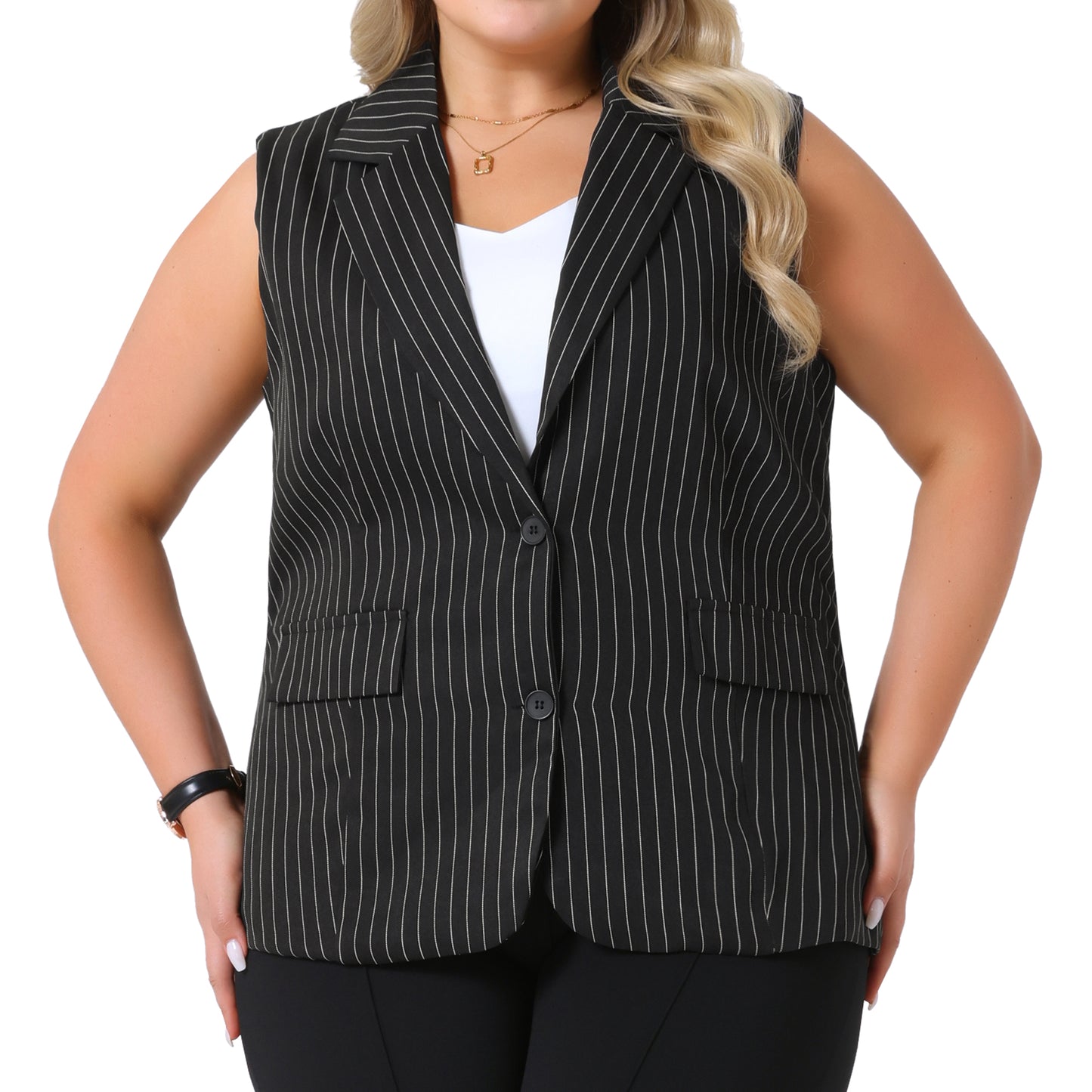 Women Plus Size Sleeveless Blazer Vest Lapel V Neck Stripes Button Up Work Office Suit Vest