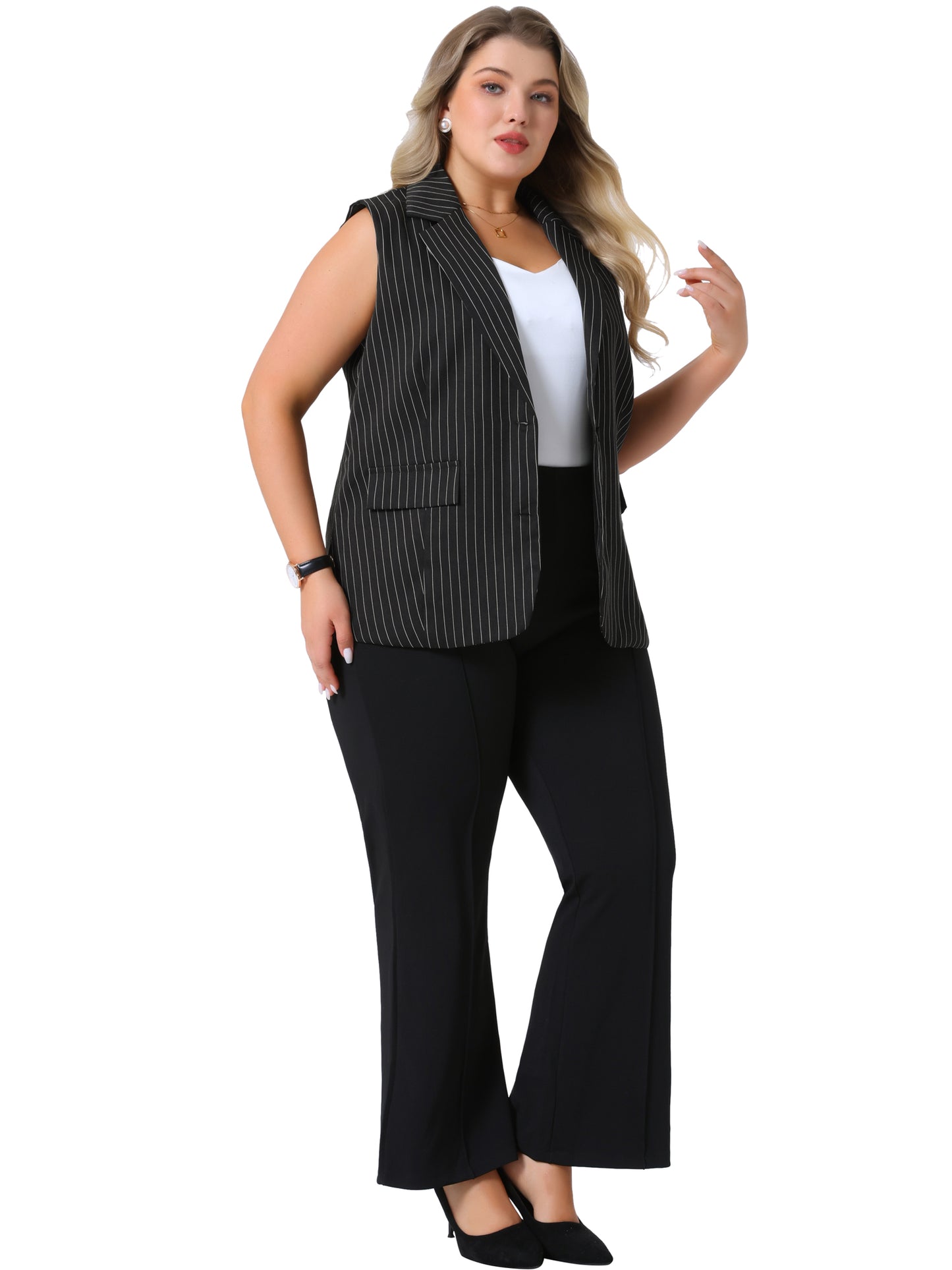 Women Plus Size Sleeveless Blazer Vest Lapel V Neck Stripes Button Up Work Office Suit Vest