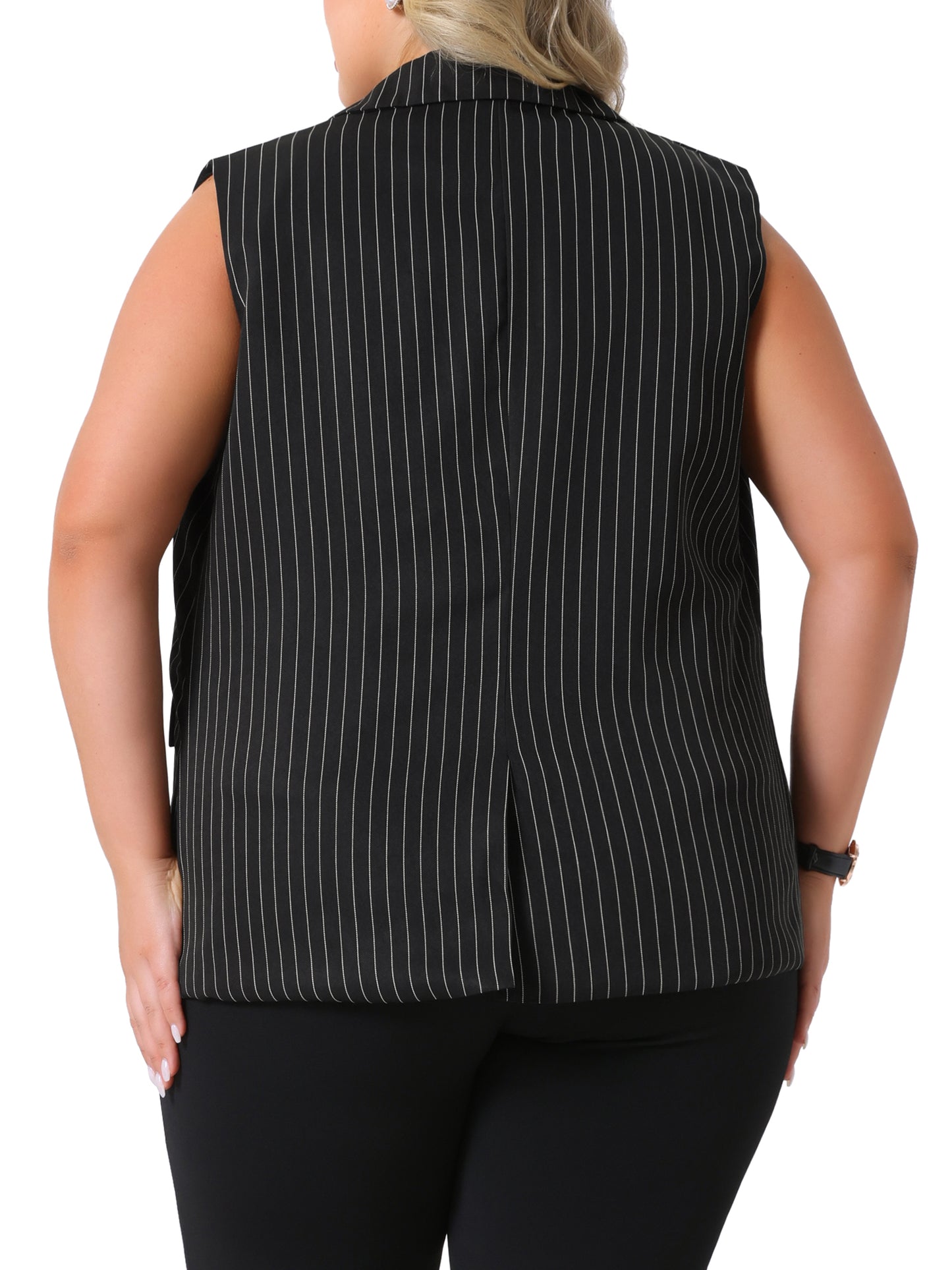 Women Plus Size Sleeveless Blazer Vest Lapel V Neck Stripes Button Up Work Office Suit Vest