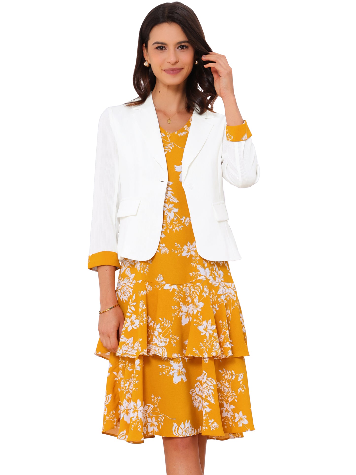 Conjunto de traje de vestir para mujer, de gasa, cuello en V, estampado floral, blazer de trabajo con paneles en contraste