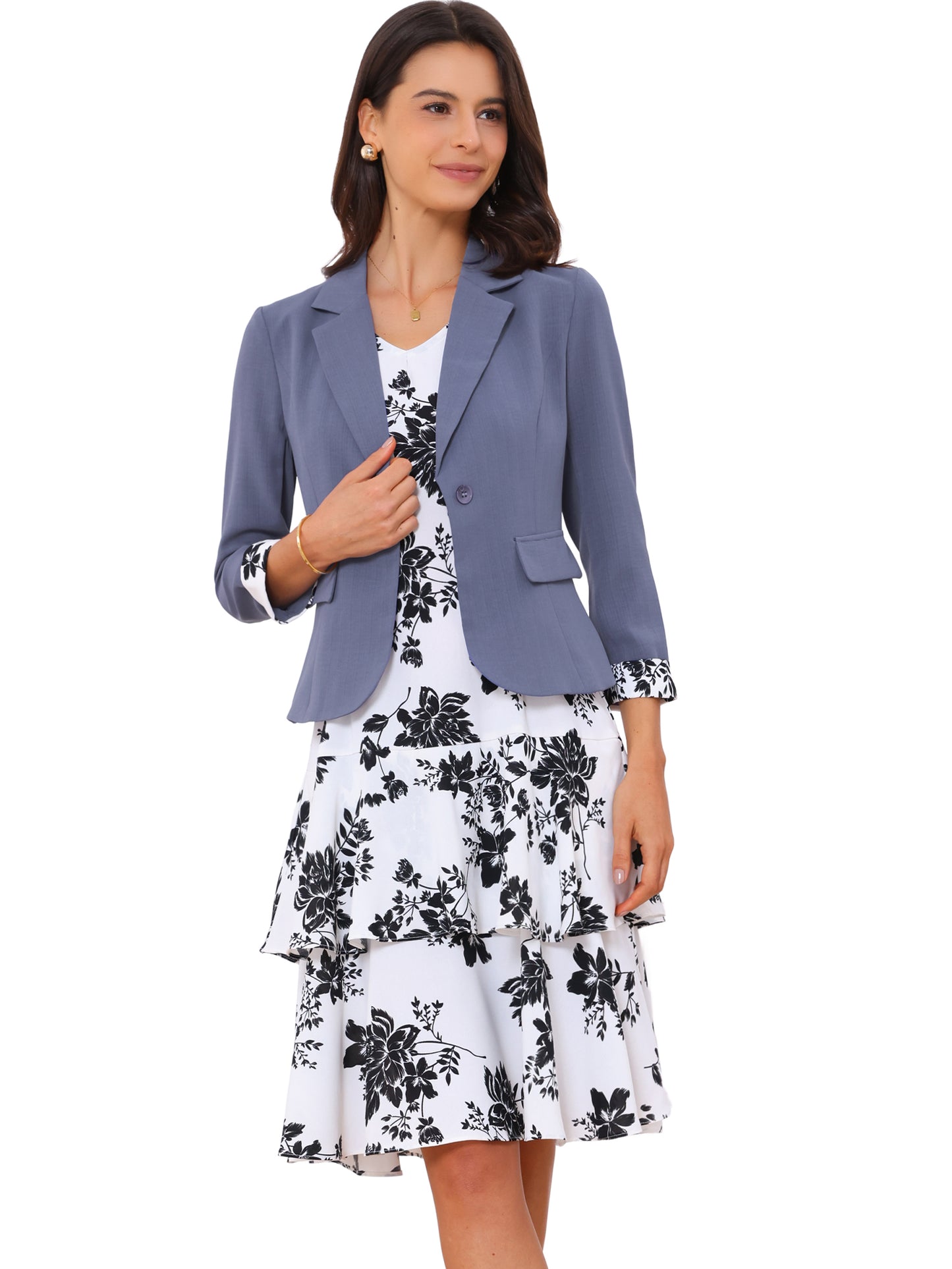 Conjunto de traje de vestir para mujer, de gasa, cuello en V, estampado floral, blazer de trabajo con paneles en contraste