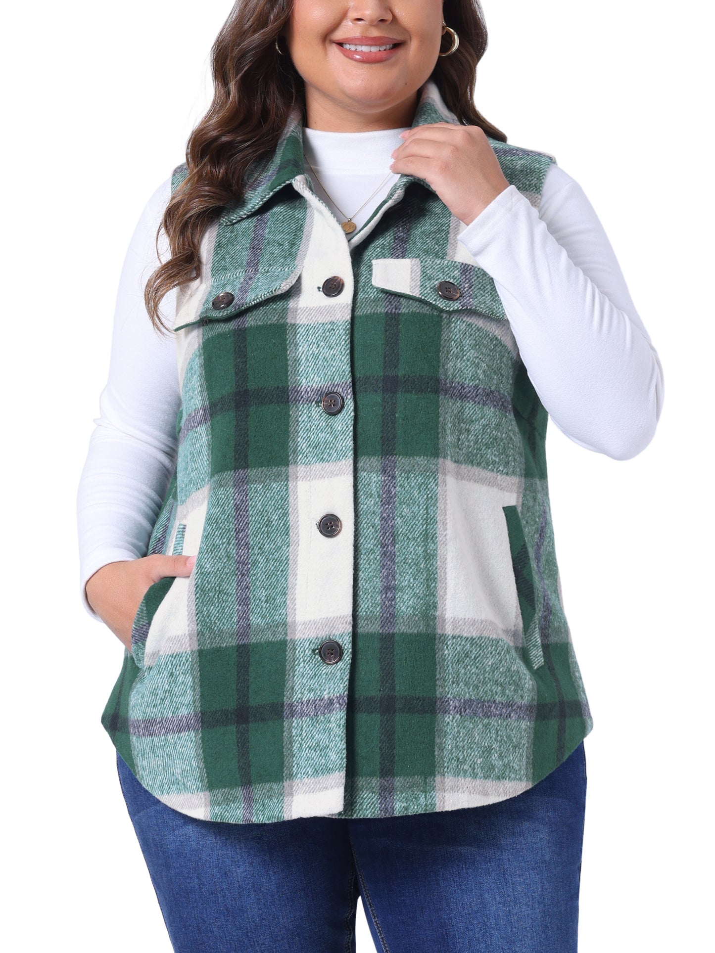 Women Plus Size Coat Plaid Vest Coat Slash Pocket Sleeveless Button Down Jacket Outerwear