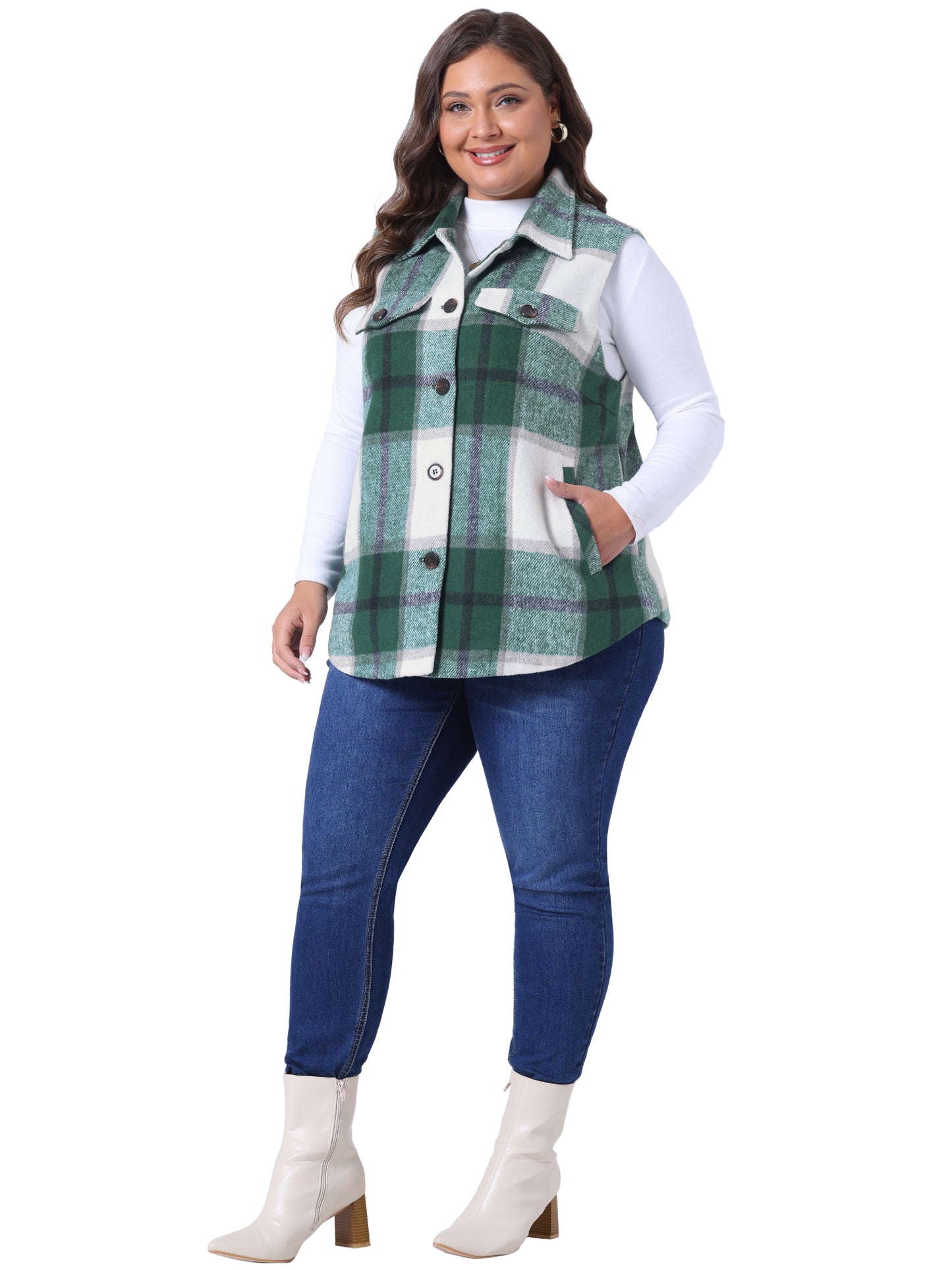 Women Plus Size Coat Plaid Vest Coat Slash Pocket Sleeveless Button Down Jacket Outerwear