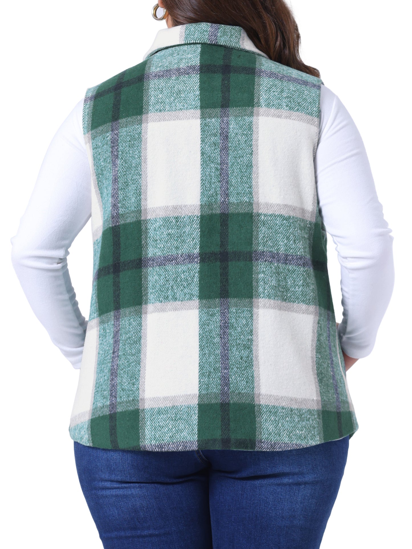 Women Plus Size Coat Plaid Vest Coat Slash Pocket Sleeveless Button Down Jacket Outerwear