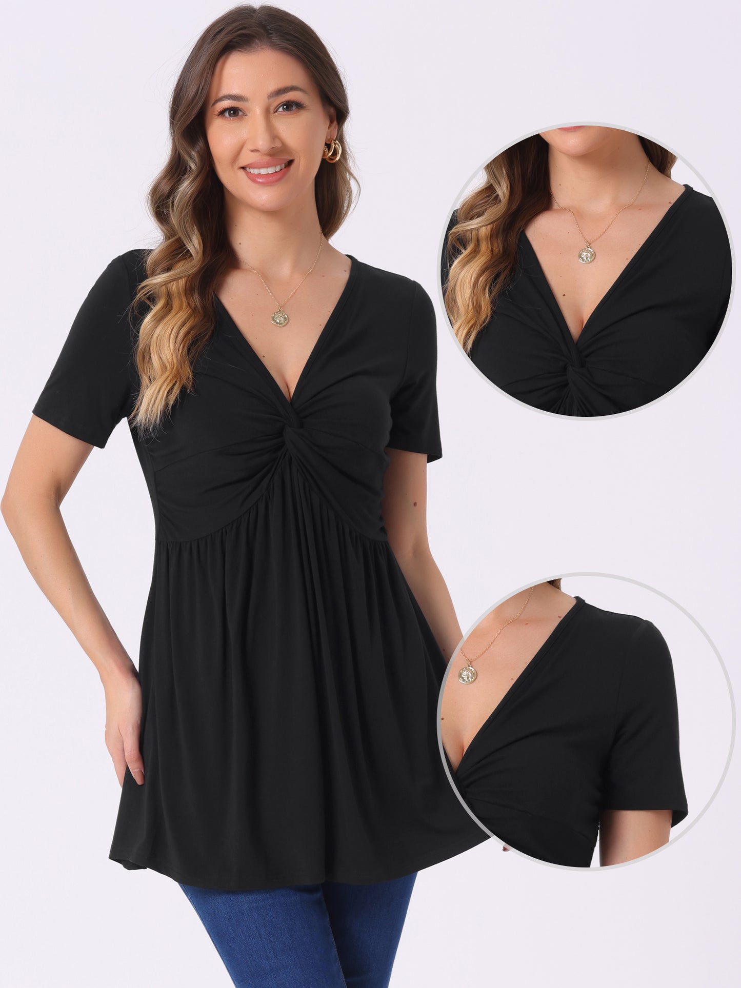 Women's Knotted V Neck Blouse Summer Short Sleeve Oversize Tunic Tops Solid Pullover