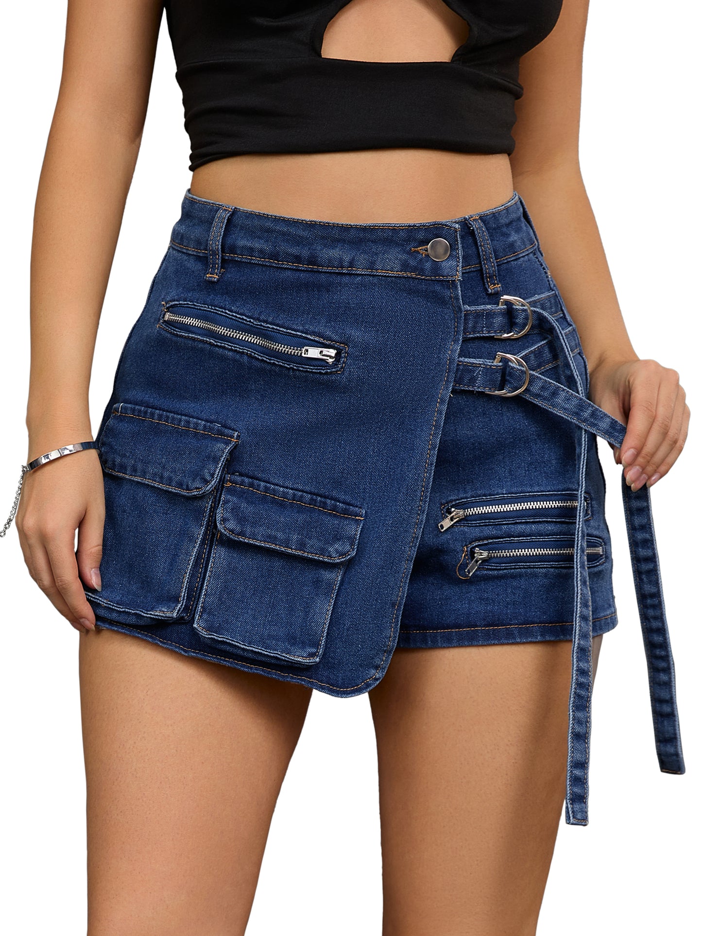 Women's Jean Skort High Waisted Summer Asymmetrical Denim Cargo Skirt Shorts
