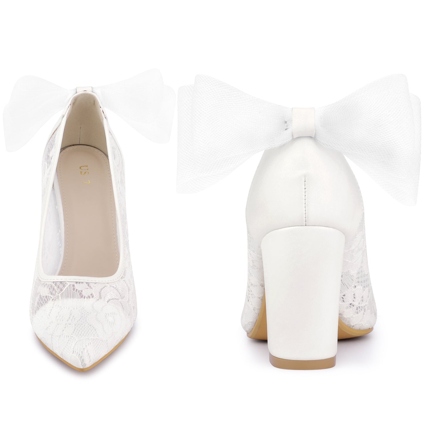 Women Wedding Lace Heels Shoes with Bow Bridal Pointed Toe Block Pumps
