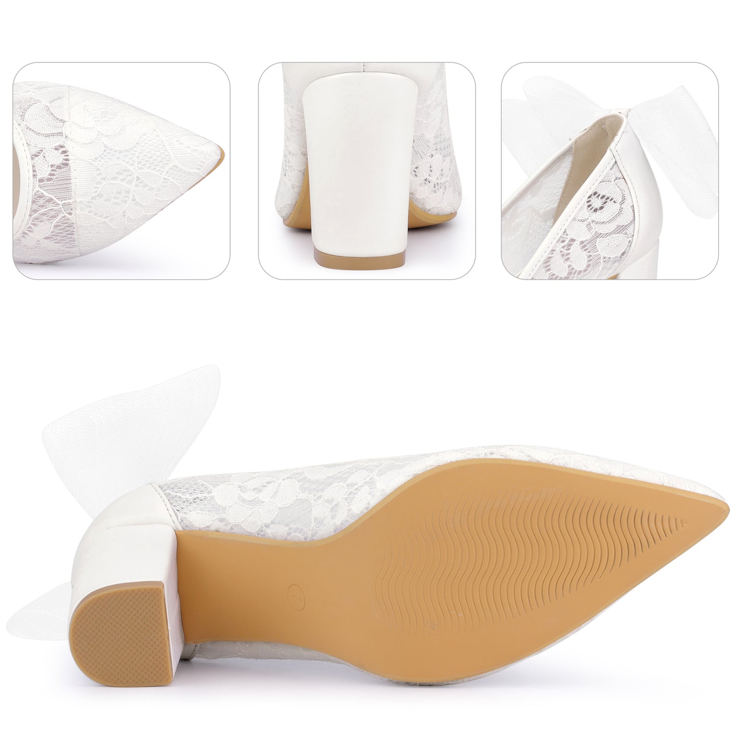 Women Wedding Lace Heels Shoes with Bow Bridal Pointed Toe Block Pumps