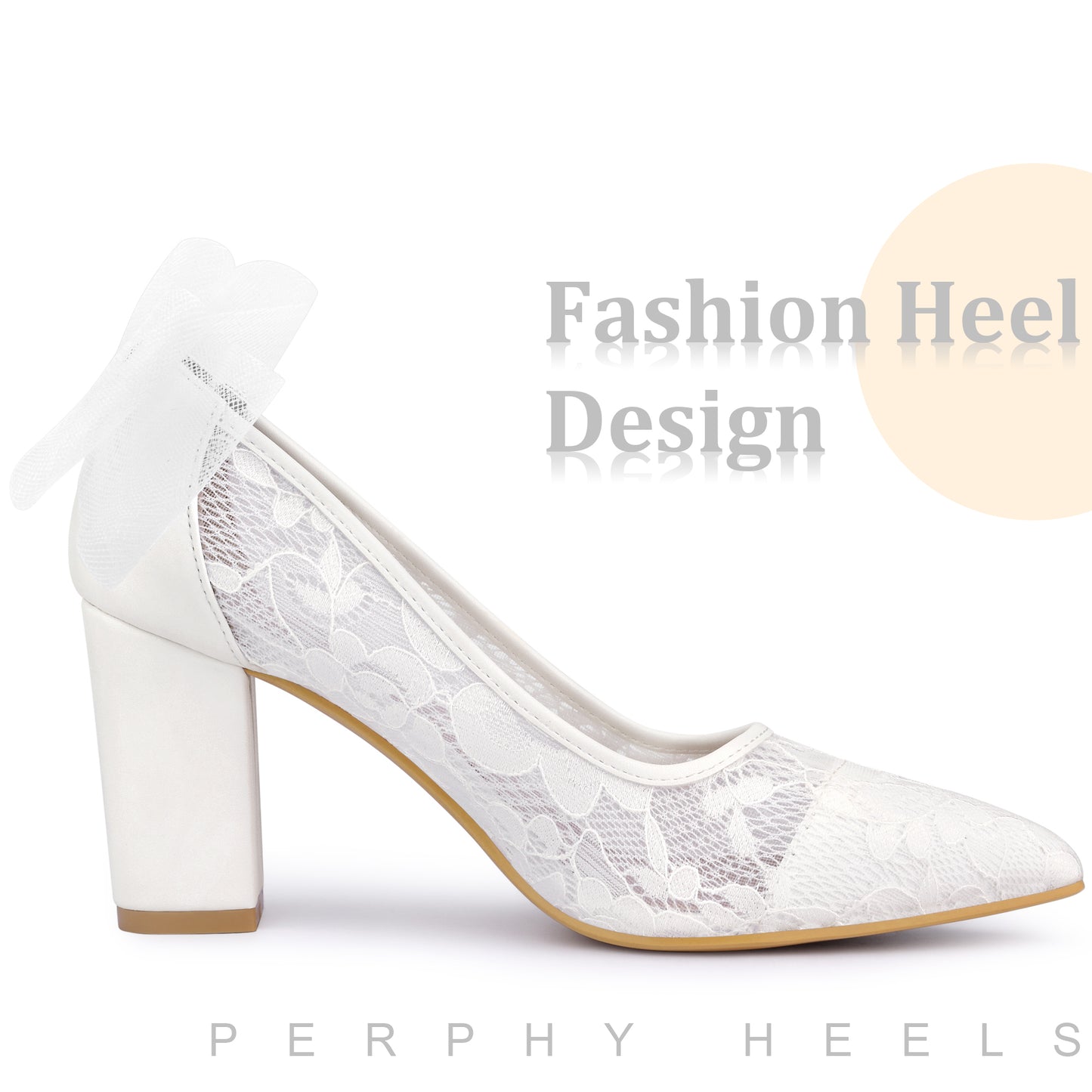 Women Wedding Lace Heels Shoes with Bow Bridal Pointed Toe Block Pumps