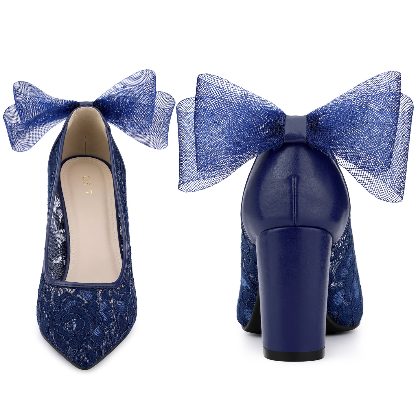 Zapatos de boda para mujer con tacón de encaje y lazo, punta puntiaguda, tacón de bloque
