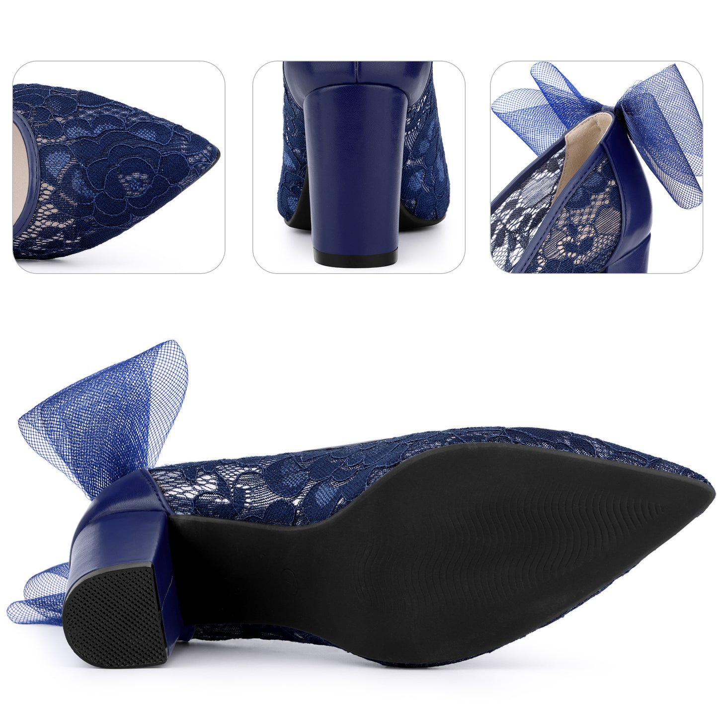 Zapatos de boda para mujer con tacón de encaje y lazo, punta puntiaguda, tacón de bloque
