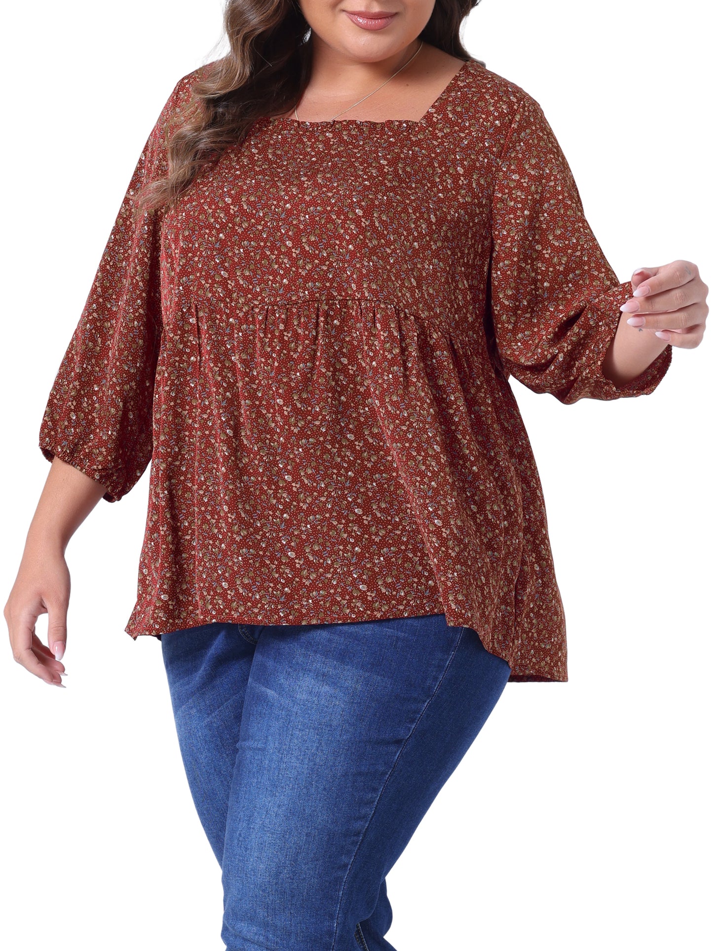Women Plus Size Blouse 3/4 Sleeve Floral Peplum Babydoll Top