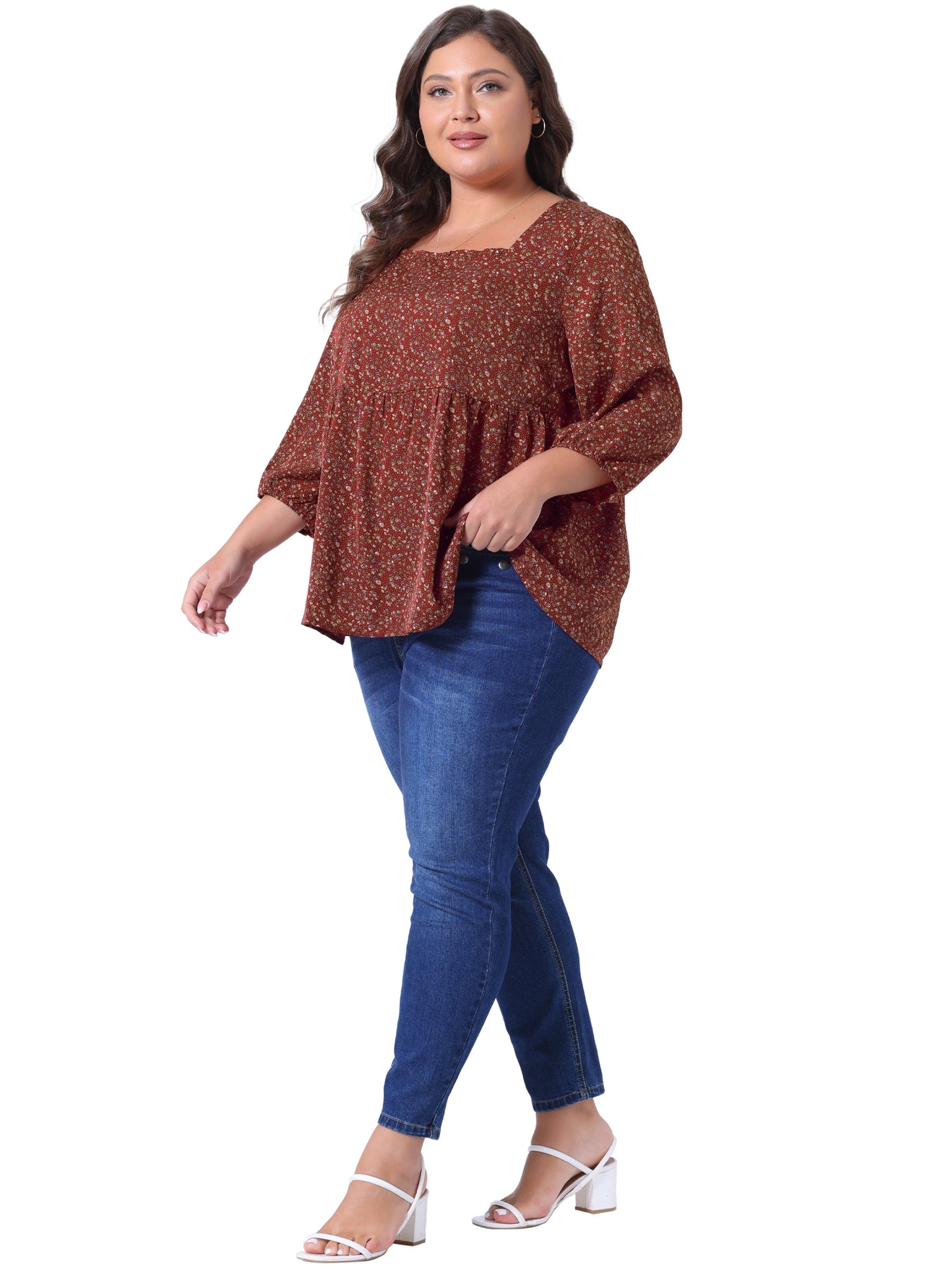 Women Plus Size Blouse 3/4 Sleeve Floral Peplum Babydoll Top