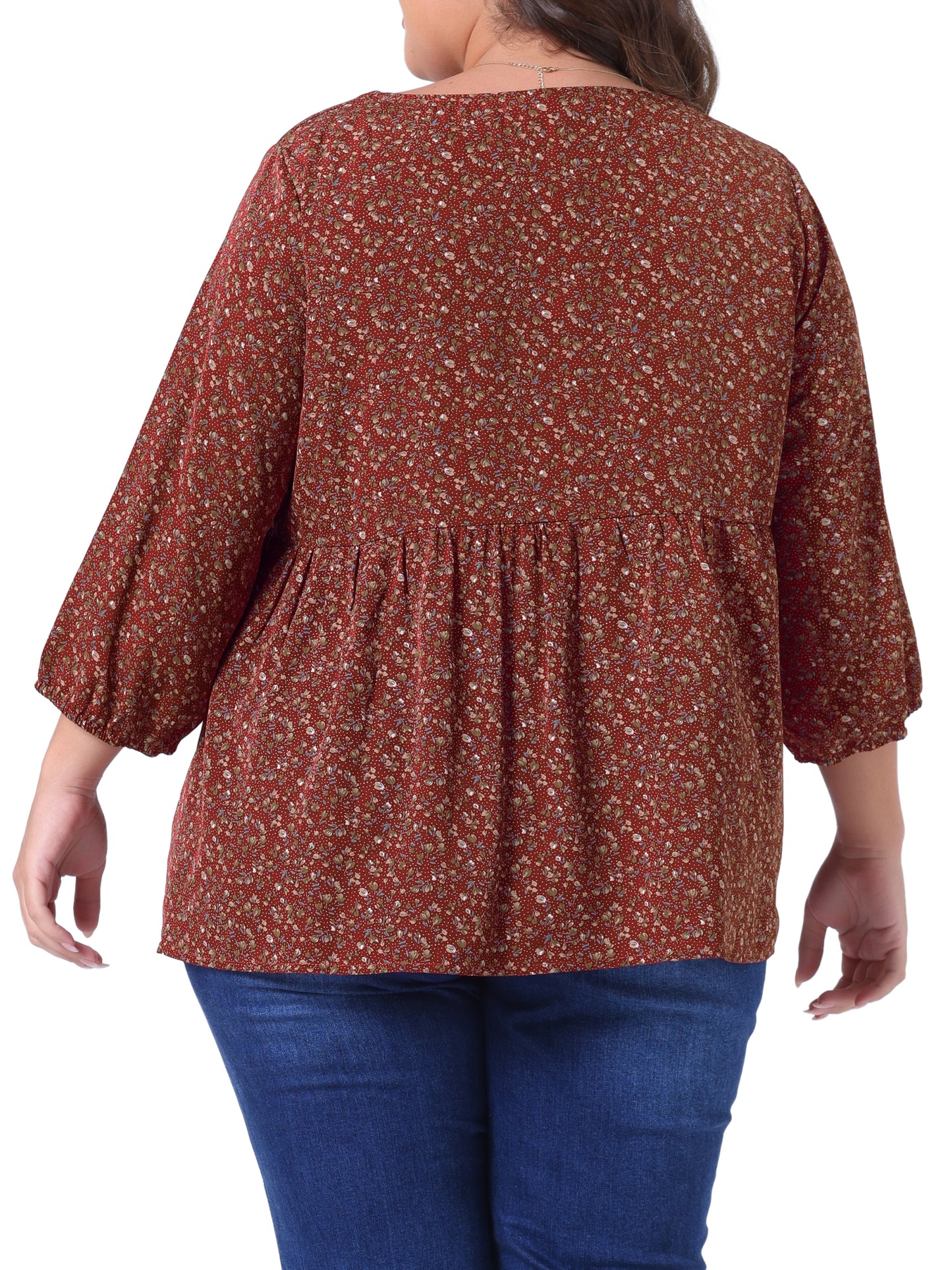Women Plus Size Blouse 3/4 Sleeve Floral Peplum Babydoll Top