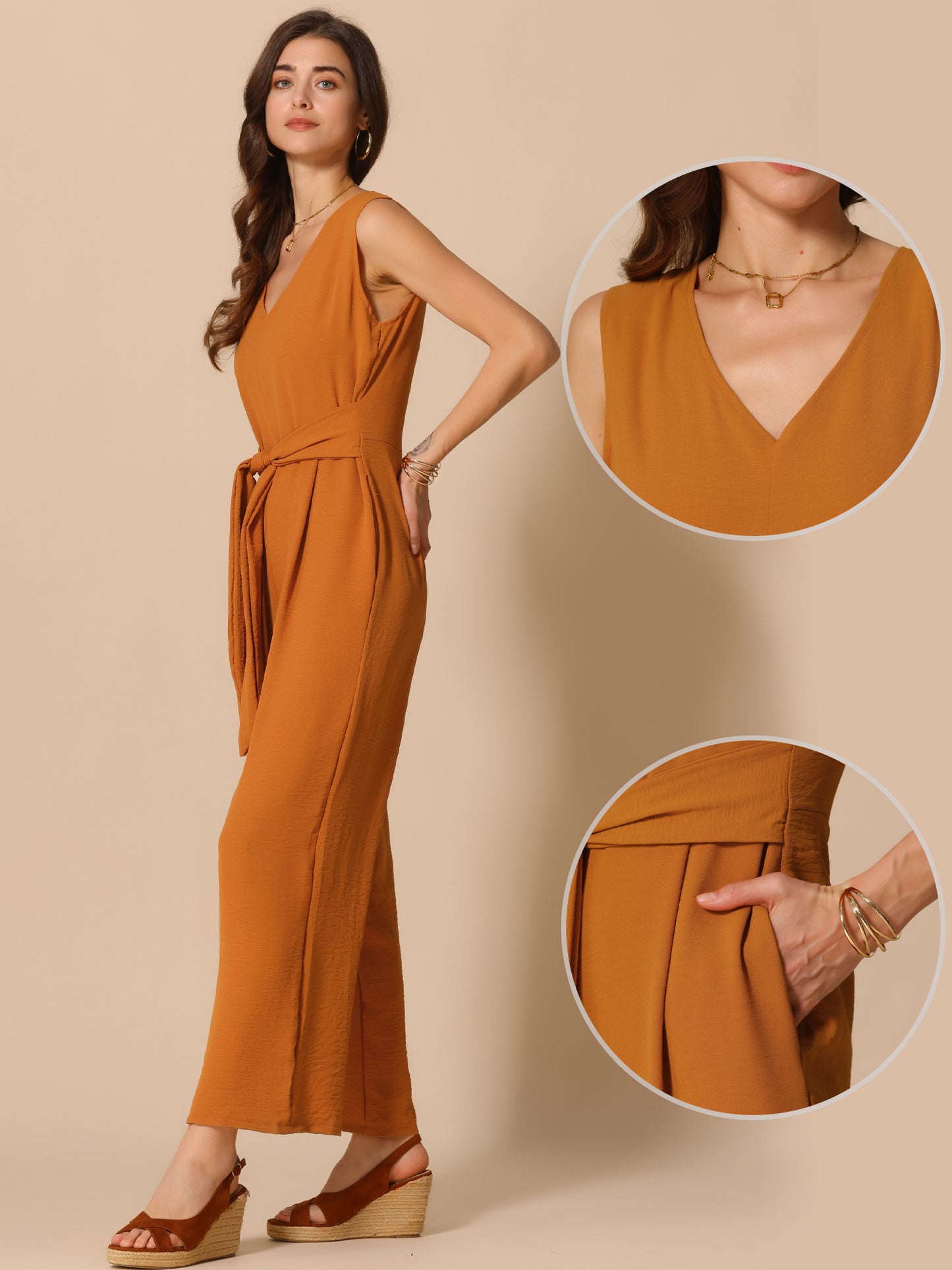 Women's V Neck Casual Sleeveless Romper Wide Leg Jumpsuit