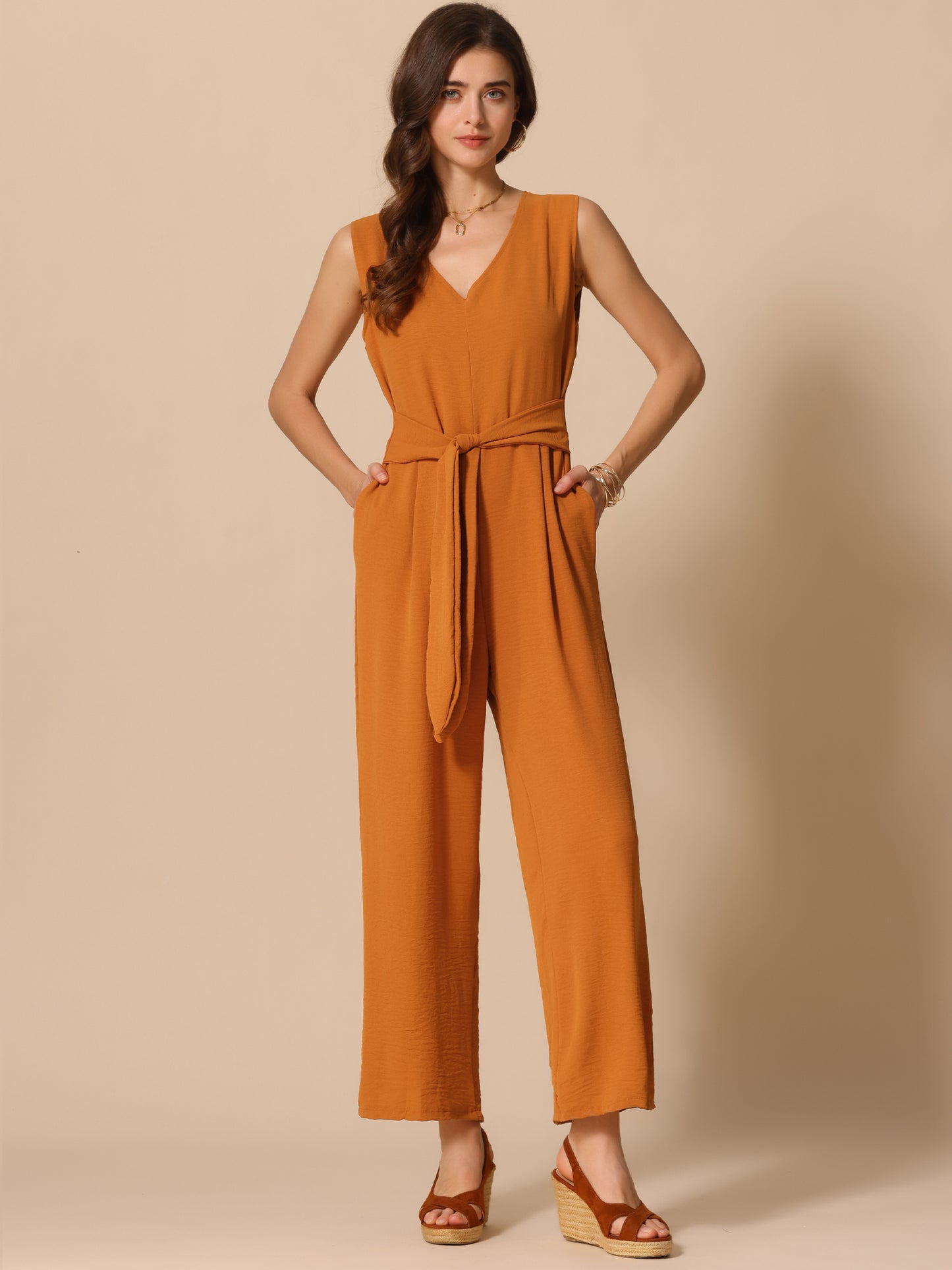 Women's V Neck Casual Sleeveless Romper Wide Leg Jumpsuit