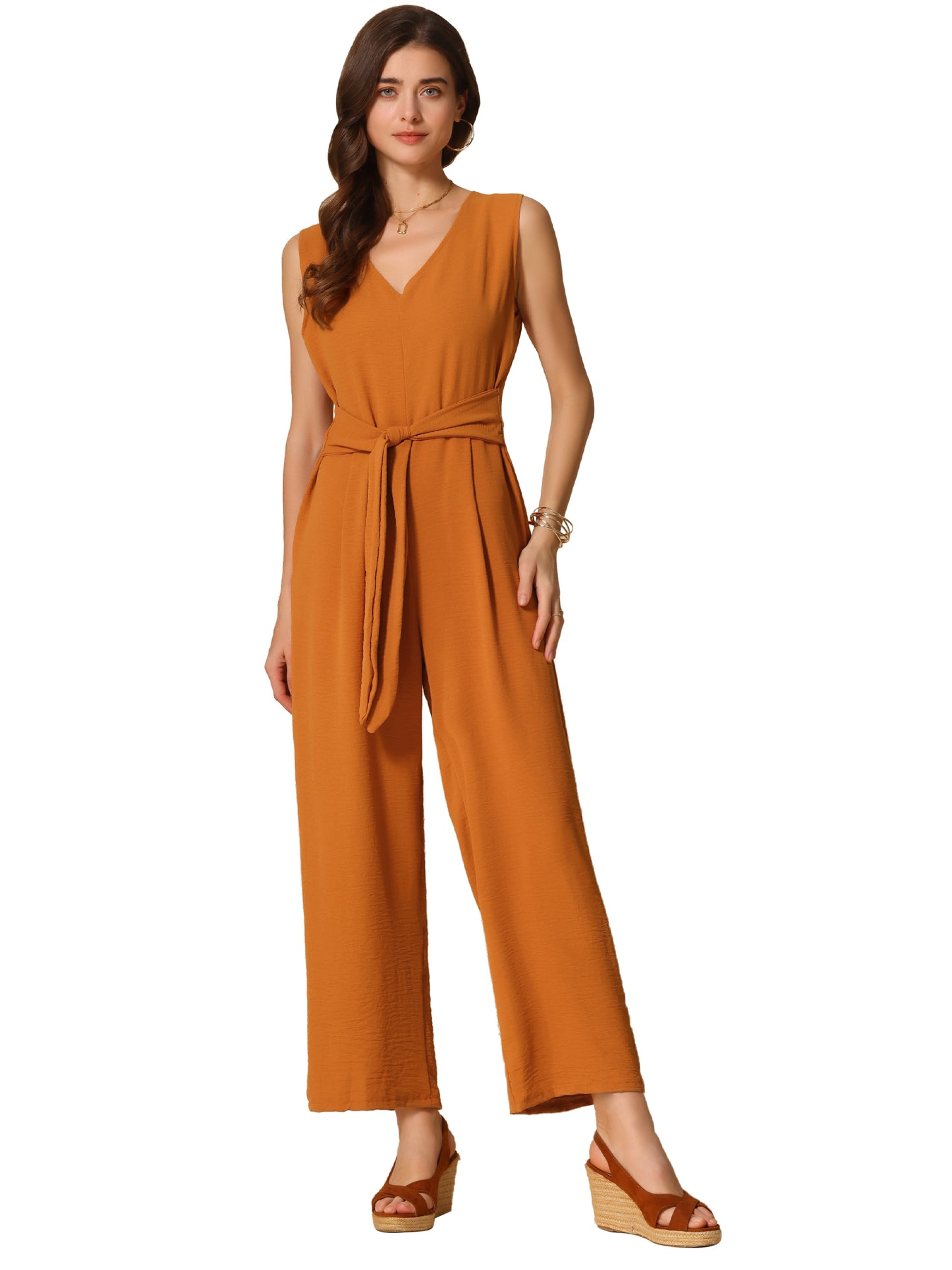 Women's V Neck Casual Sleeveless Romper Wide Leg Jumpsuit