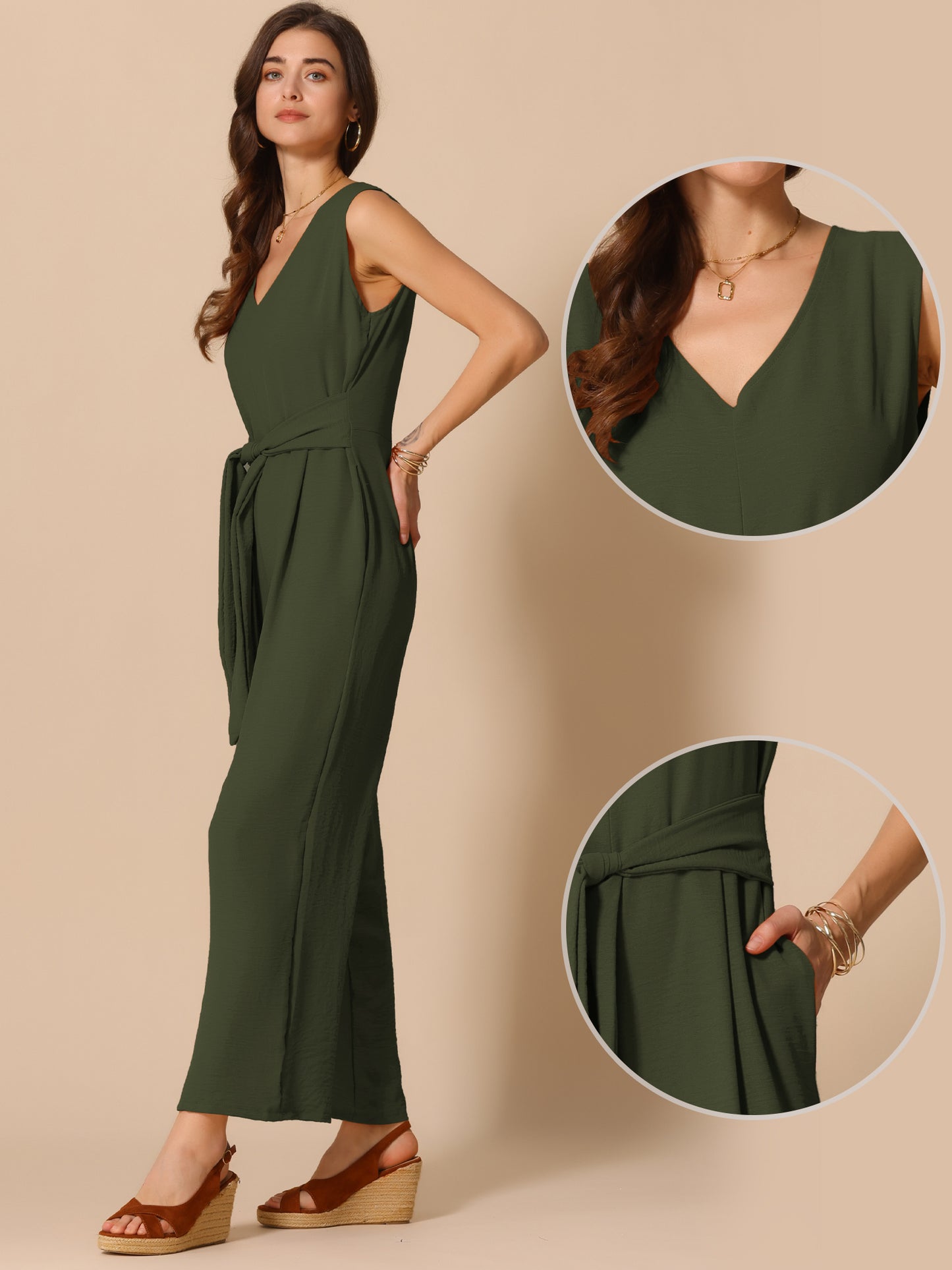 Women's V Neck Casual Sleeveless Romper Wide Leg Jumpsuit