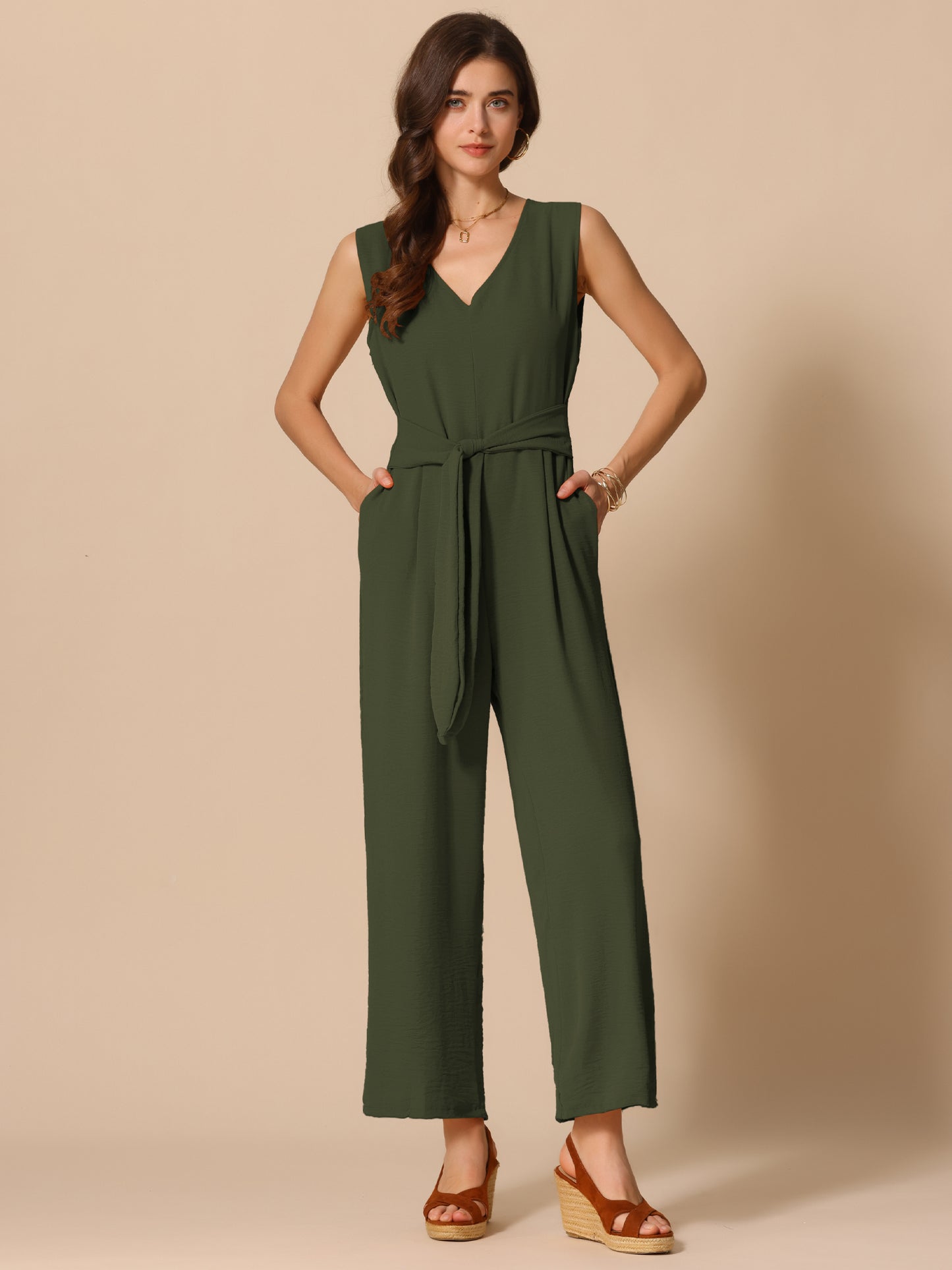 Women's V Neck Casual Sleeveless Romper Wide Leg Jumpsuit