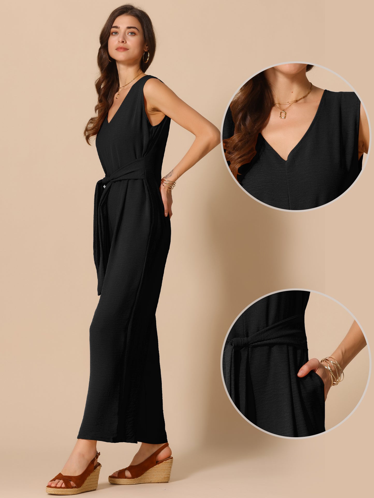 Women's V Neck Casual Sleeveless Romper Wide Leg Jumpsuit
