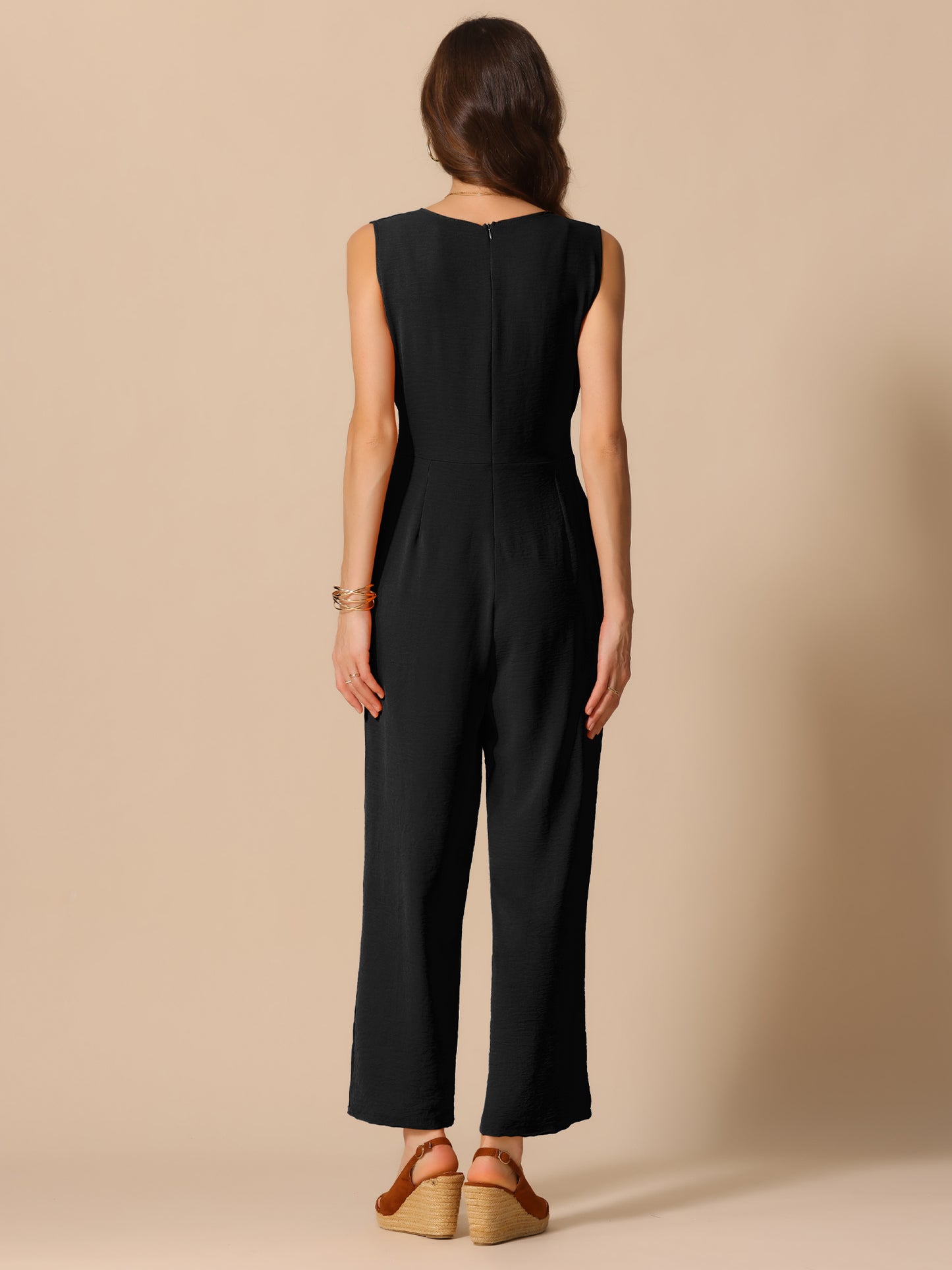 Women's V Neck Casual Sleeveless Romper Wide Leg Jumpsuit