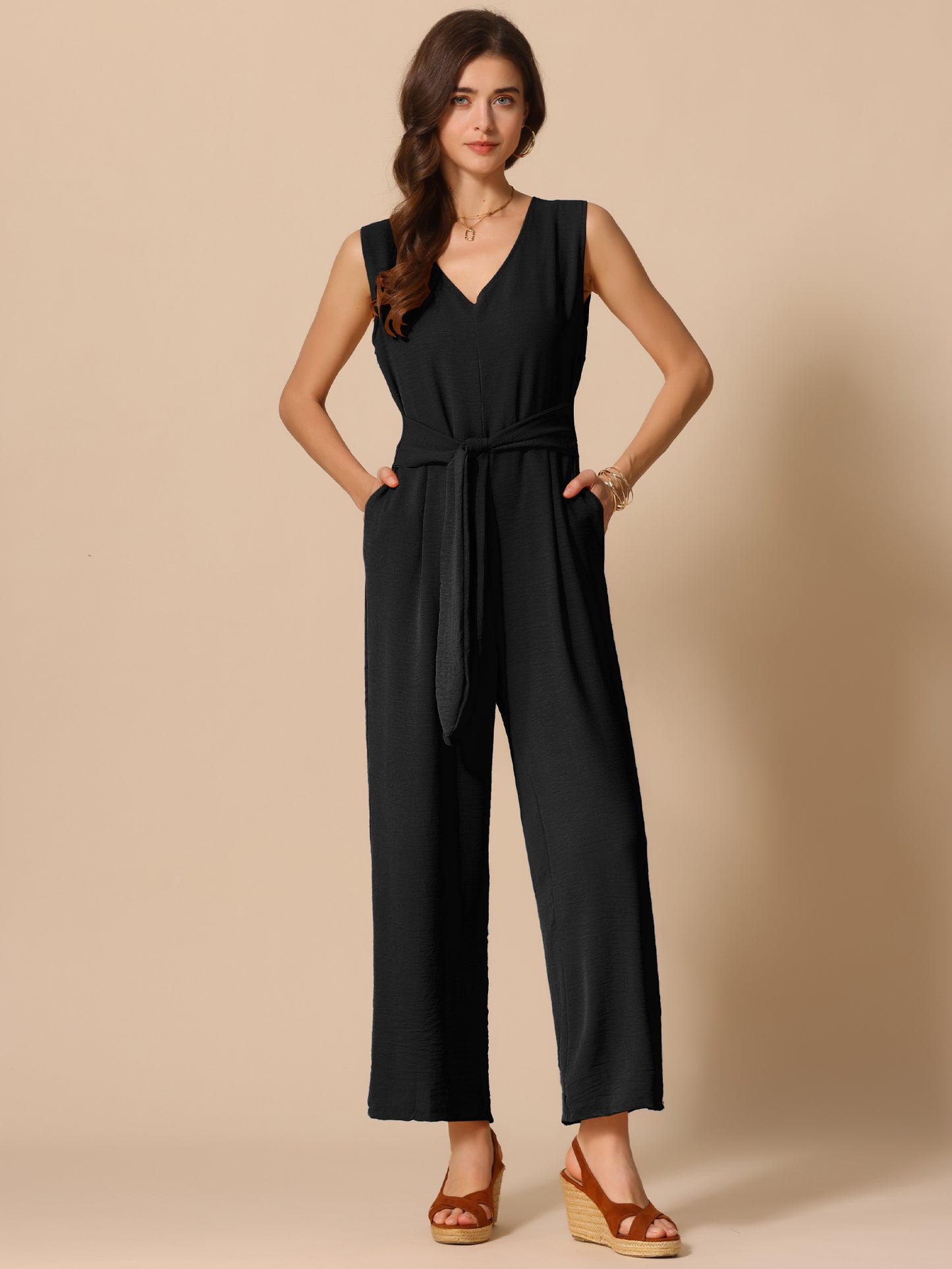 Women's V Neck Casual Sleeveless Romper Wide Leg Jumpsuit