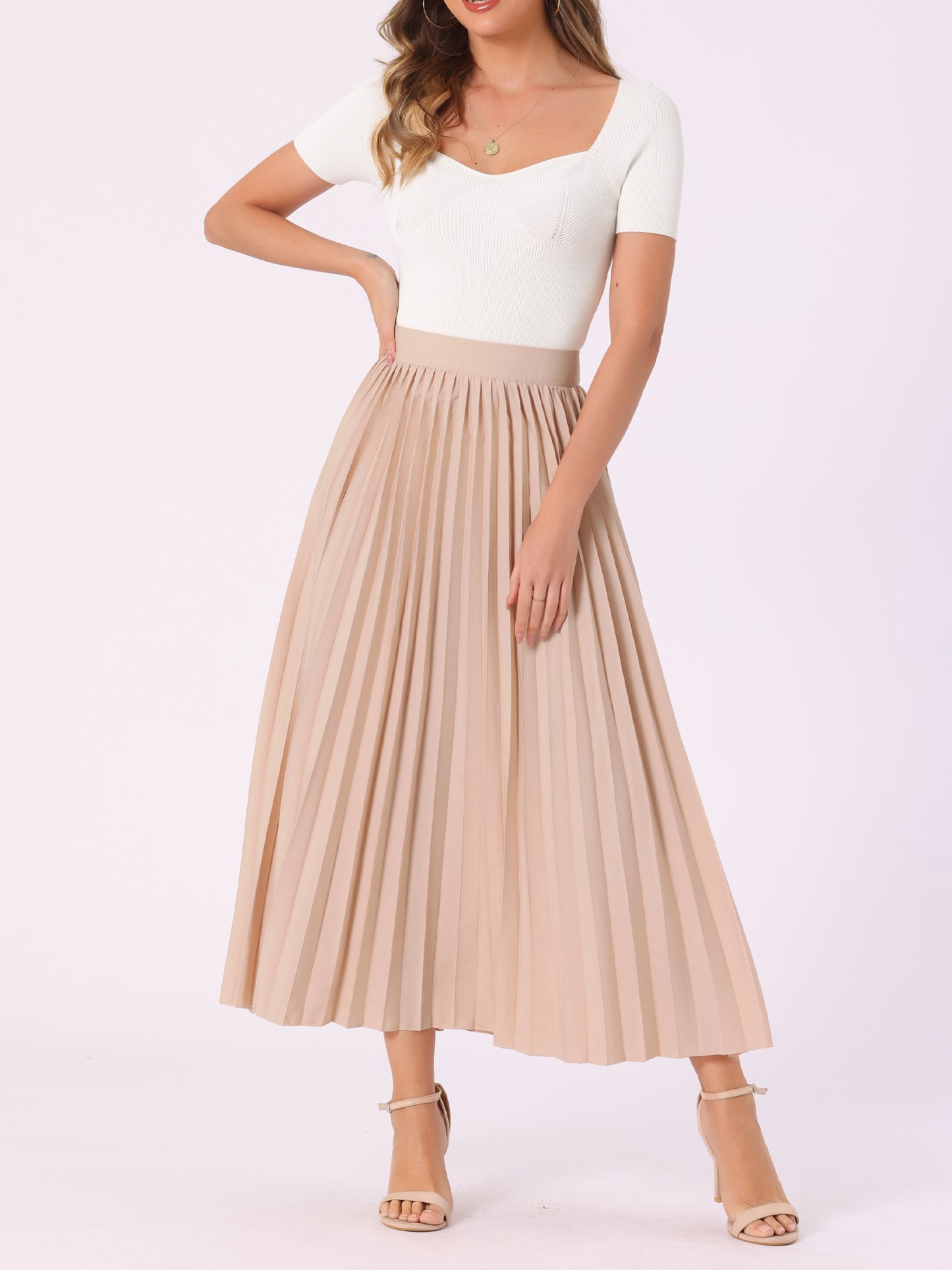 Women's Elastic High Waisted Work Flowy Long Pleated Maxi Skirt