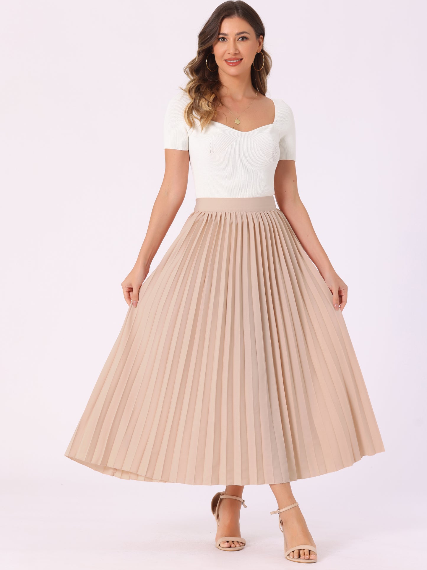 Women's Elastic High Waisted Work Flowy Long Pleated Maxi Skirt
