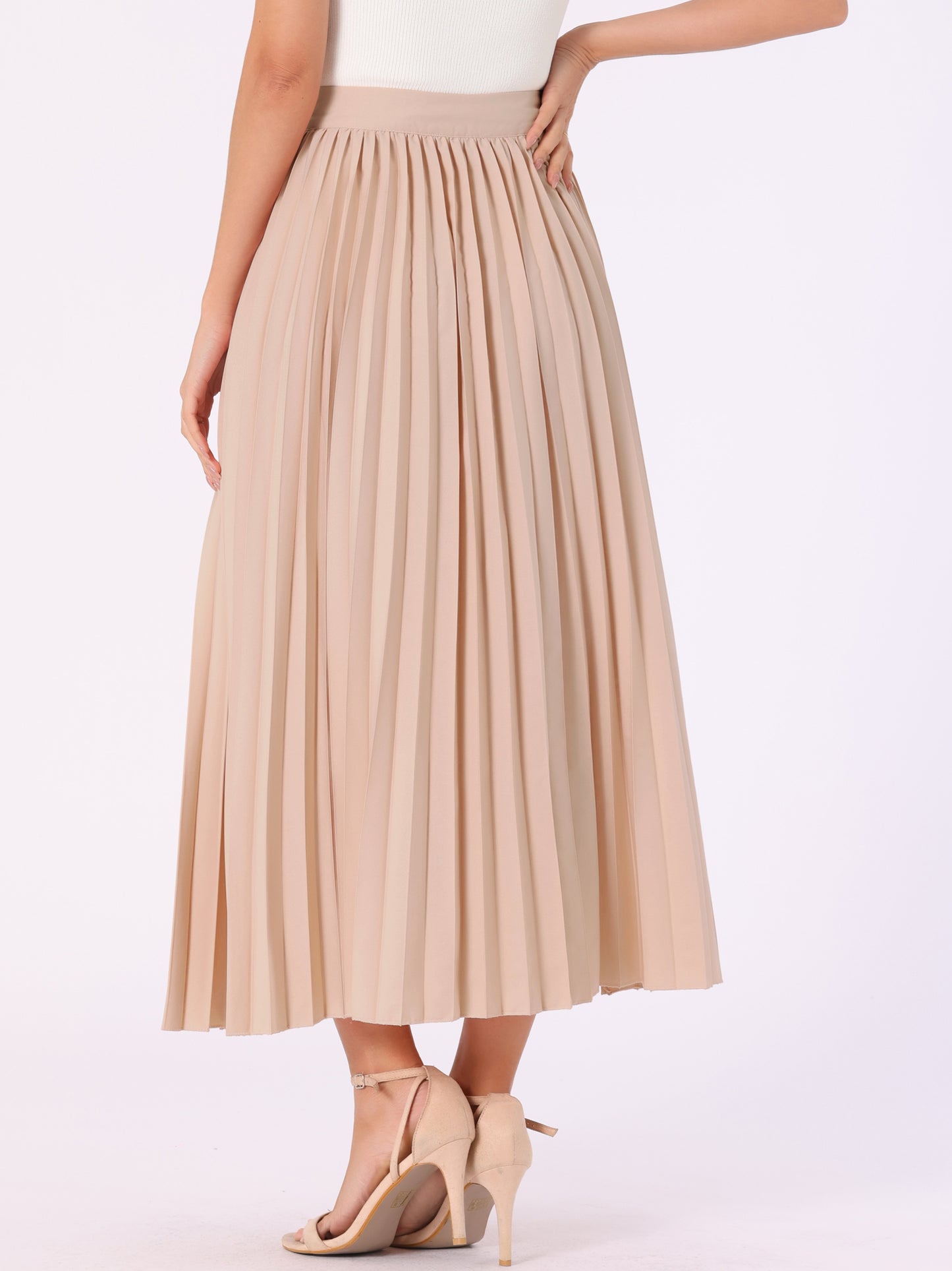 Women's Elastic High Waisted Work Flowy Long Pleated Maxi Skirt