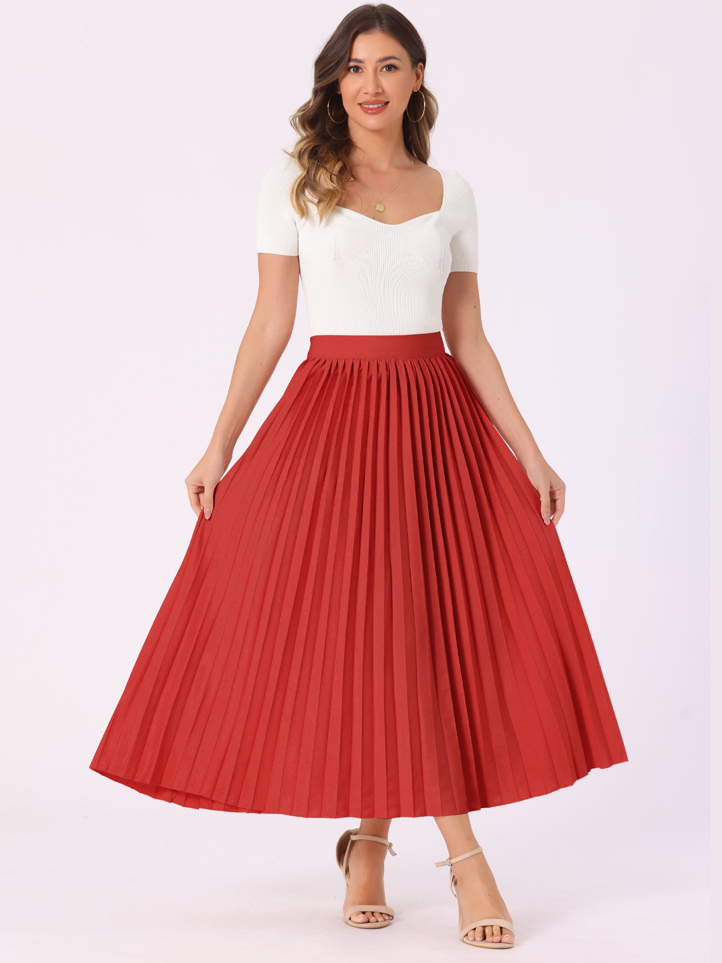 Women's Elastic High Waisted Work Flowy Long Pleated Maxi Skirt