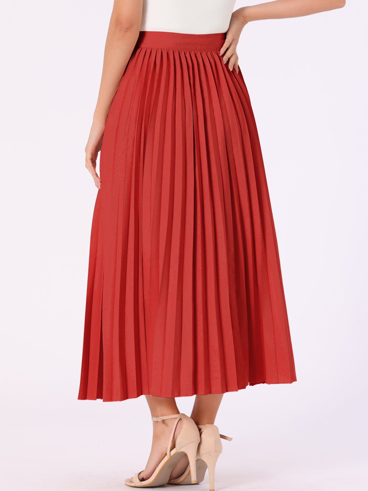 Women's Elastic High Waisted Work Flowy Long Pleated Maxi Skirt