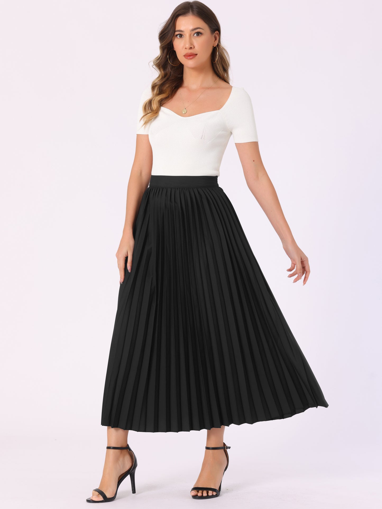 Women's Elastic High Waisted Work Flowy Long Pleated Maxi Skirt