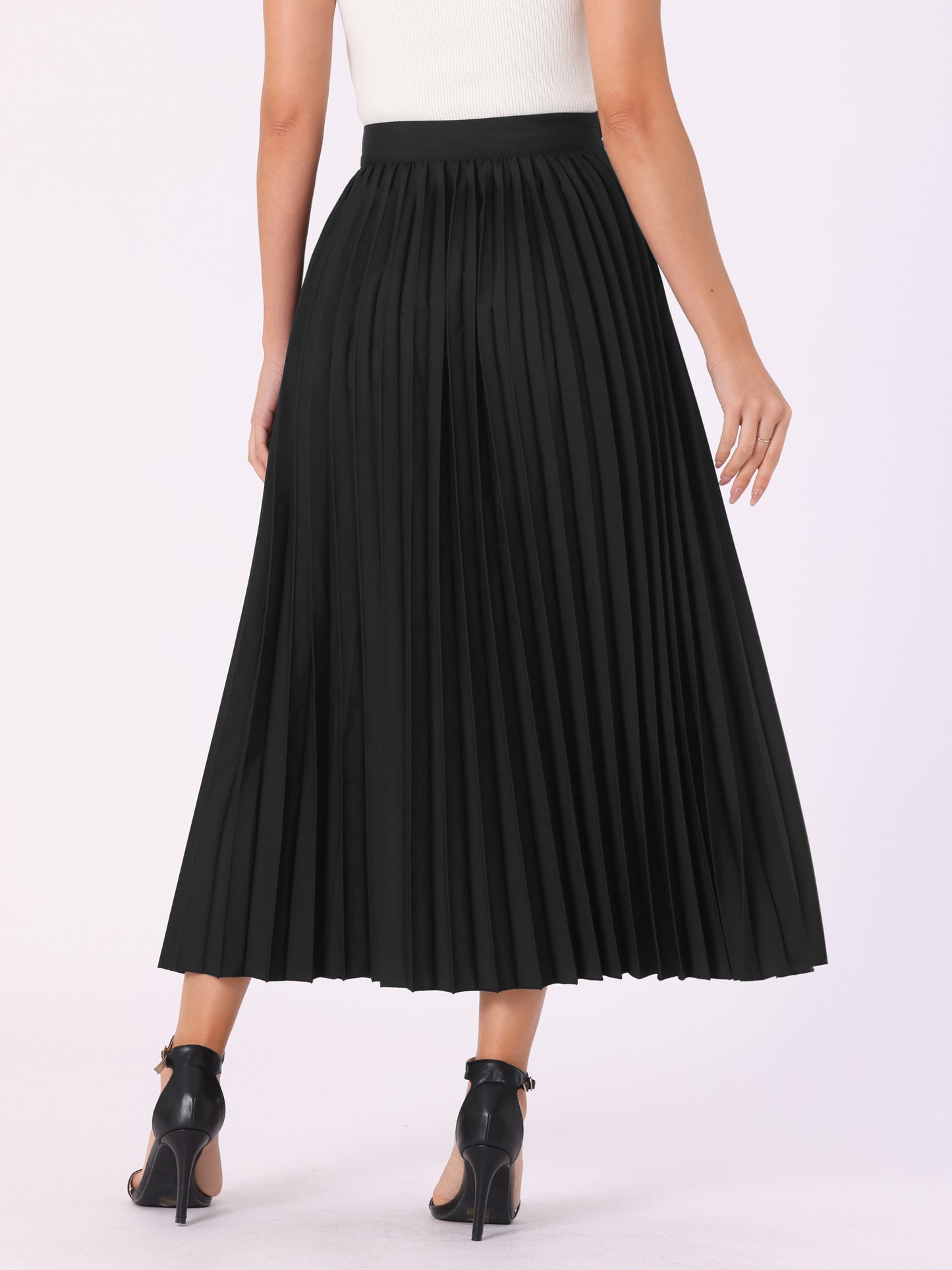 Women's Elastic High Waisted Work Flowy Long Pleated Maxi Skirt