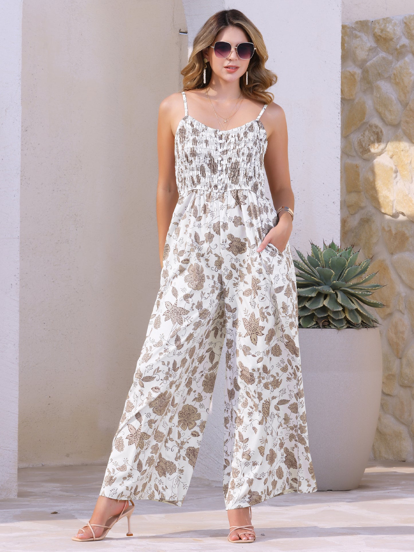 Women's Boho Jumpsuit Spaghetti Straps Sleeveless Wide Leg Pants Floral Romper
