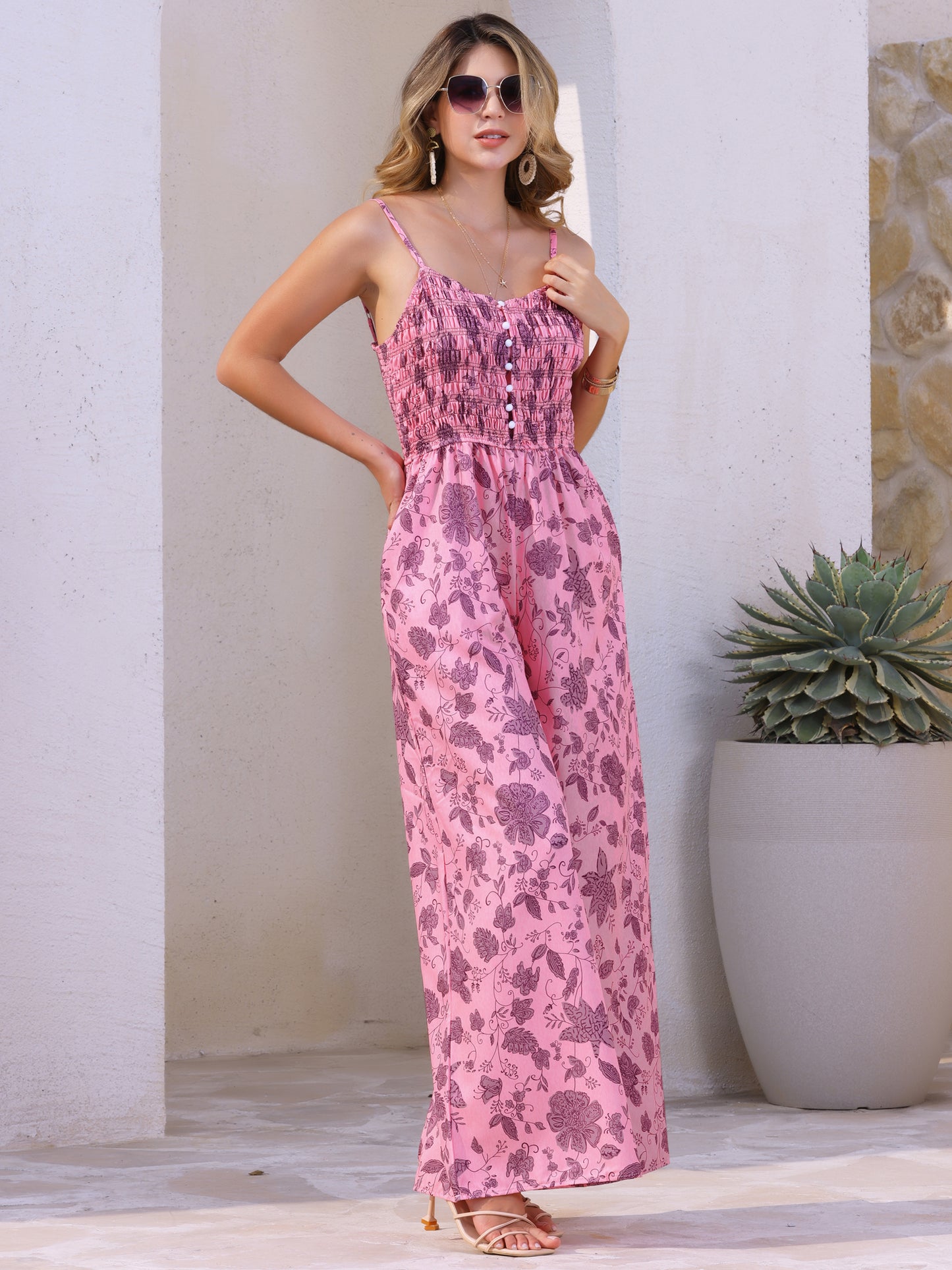 Women's Boho Jumpsuit Spaghetti Straps Sleeveless Wide Leg Pants Floral Romper