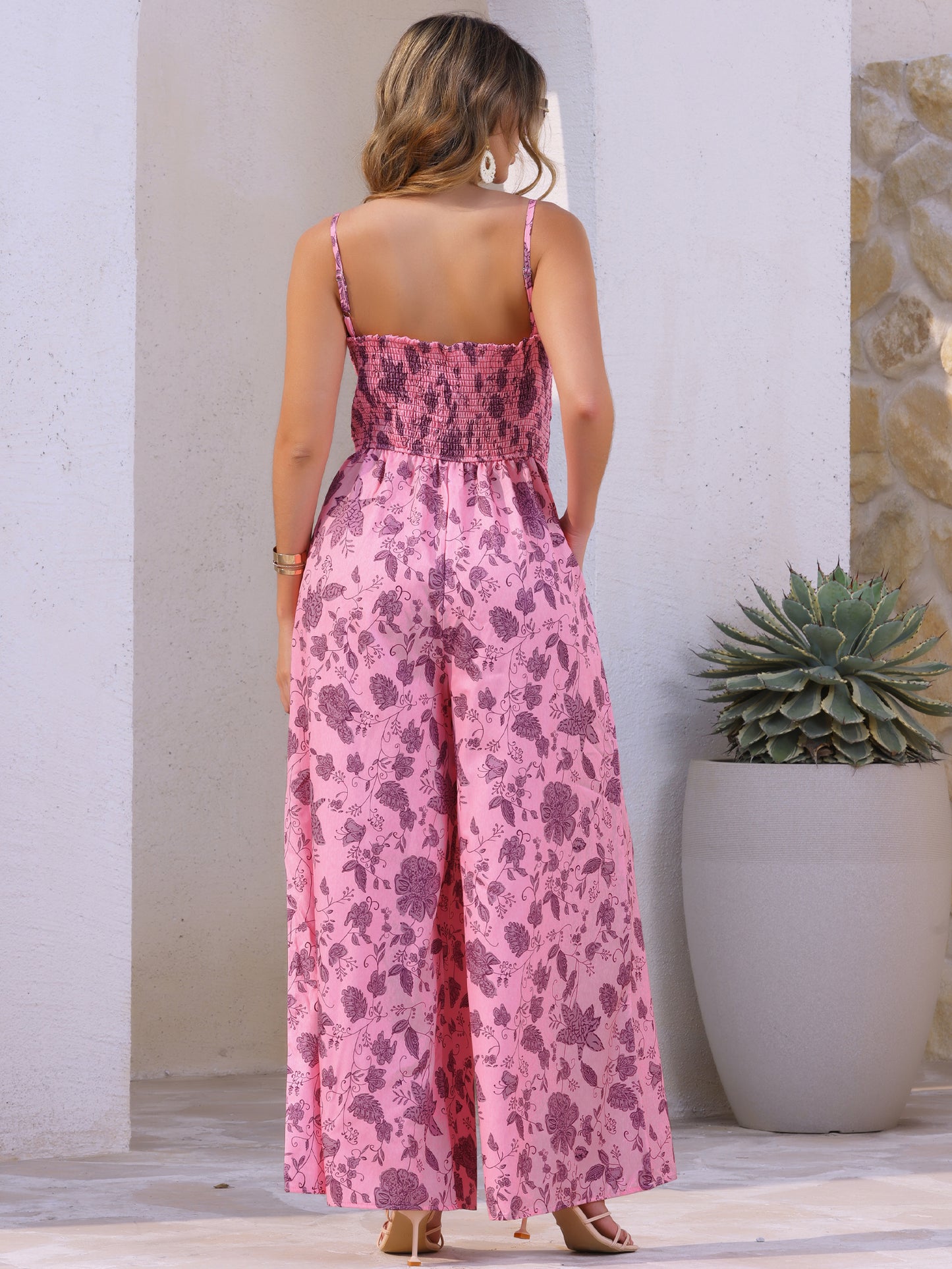 Women's Boho Jumpsuit Spaghetti Straps Sleeveless Wide Leg Pants Floral Romper