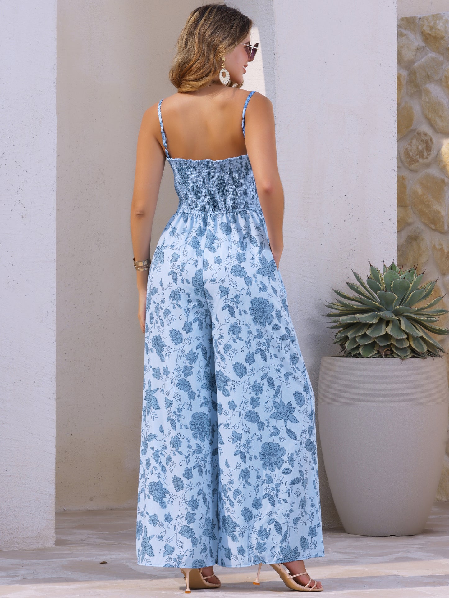 Women's Boho Jumpsuit Spaghetti Straps Sleeveless Wide Leg Pants Floral Romper