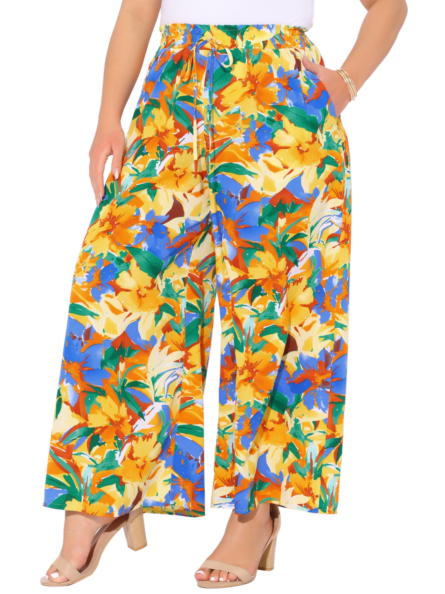 Women's Plus Size Casual Wide Leg Pants Boho Summer Floral Palazzo Pants Flowy Beach Trousers with Pocket