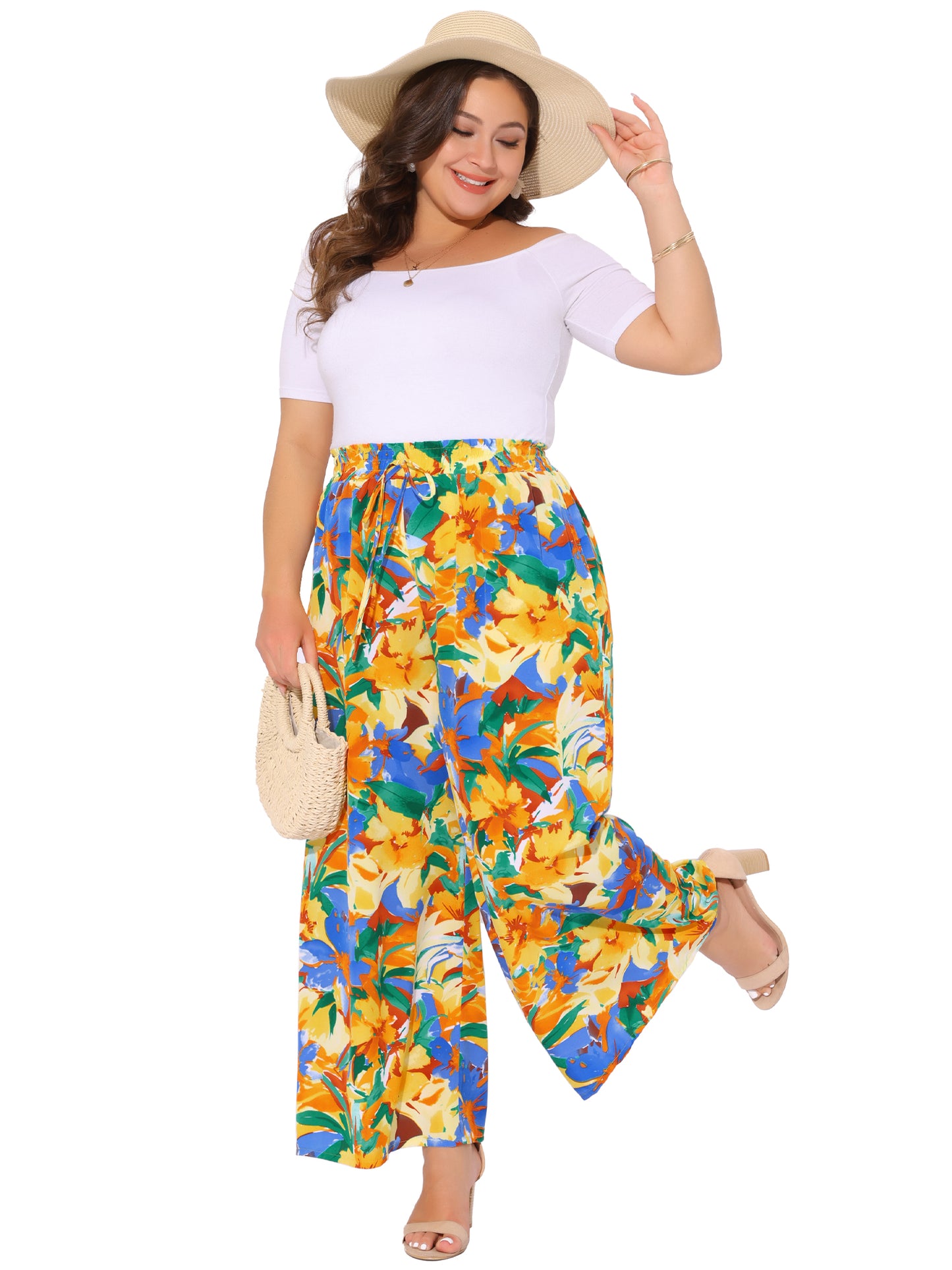 Women's Plus Size Casual Wide Leg Pants Boho Summer Floral Palazzo Pants Flowy Beach Trousers with Pocket