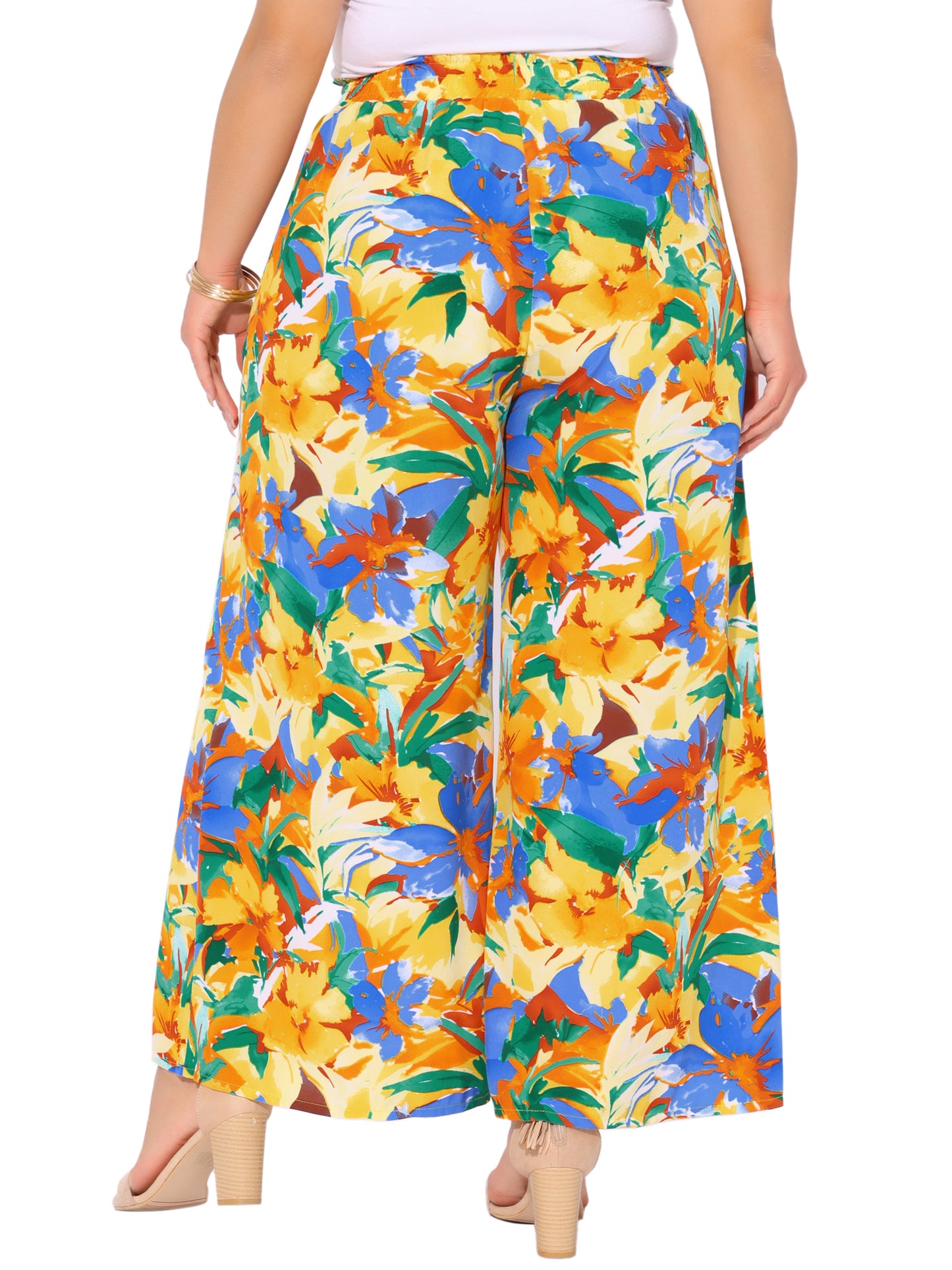 Women's Plus Size Casual Wide Leg Pants Boho Summer Floral Palazzo Pants Flowy Beach Trousers with Pocket