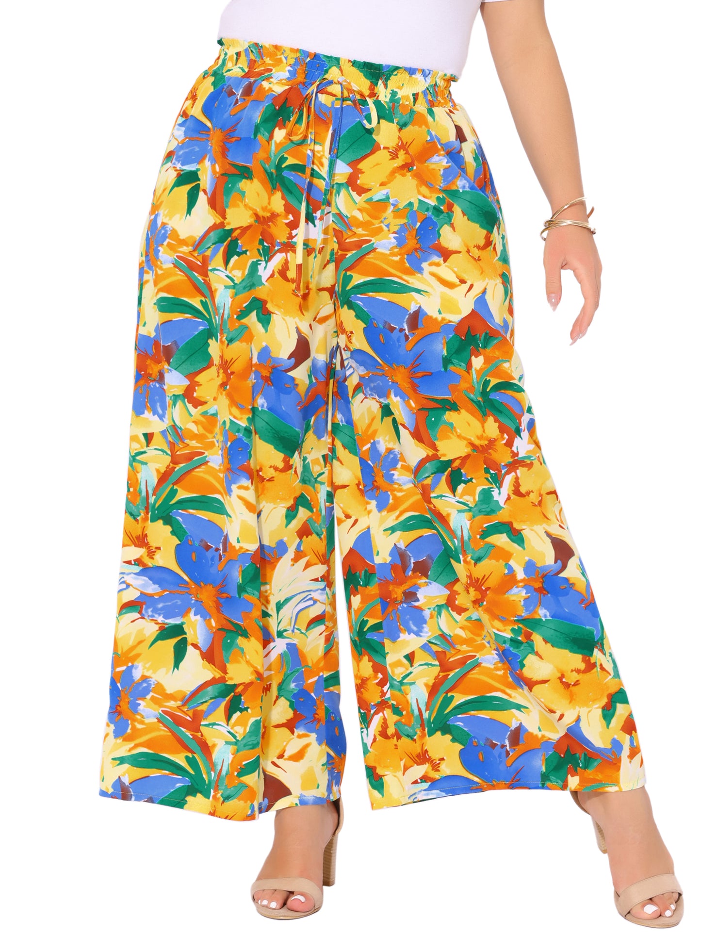 Women's Plus Size Casual Wide Leg Pants Boho Summer Floral Palazzo Pants Flowy Beach Trousers with Pocket