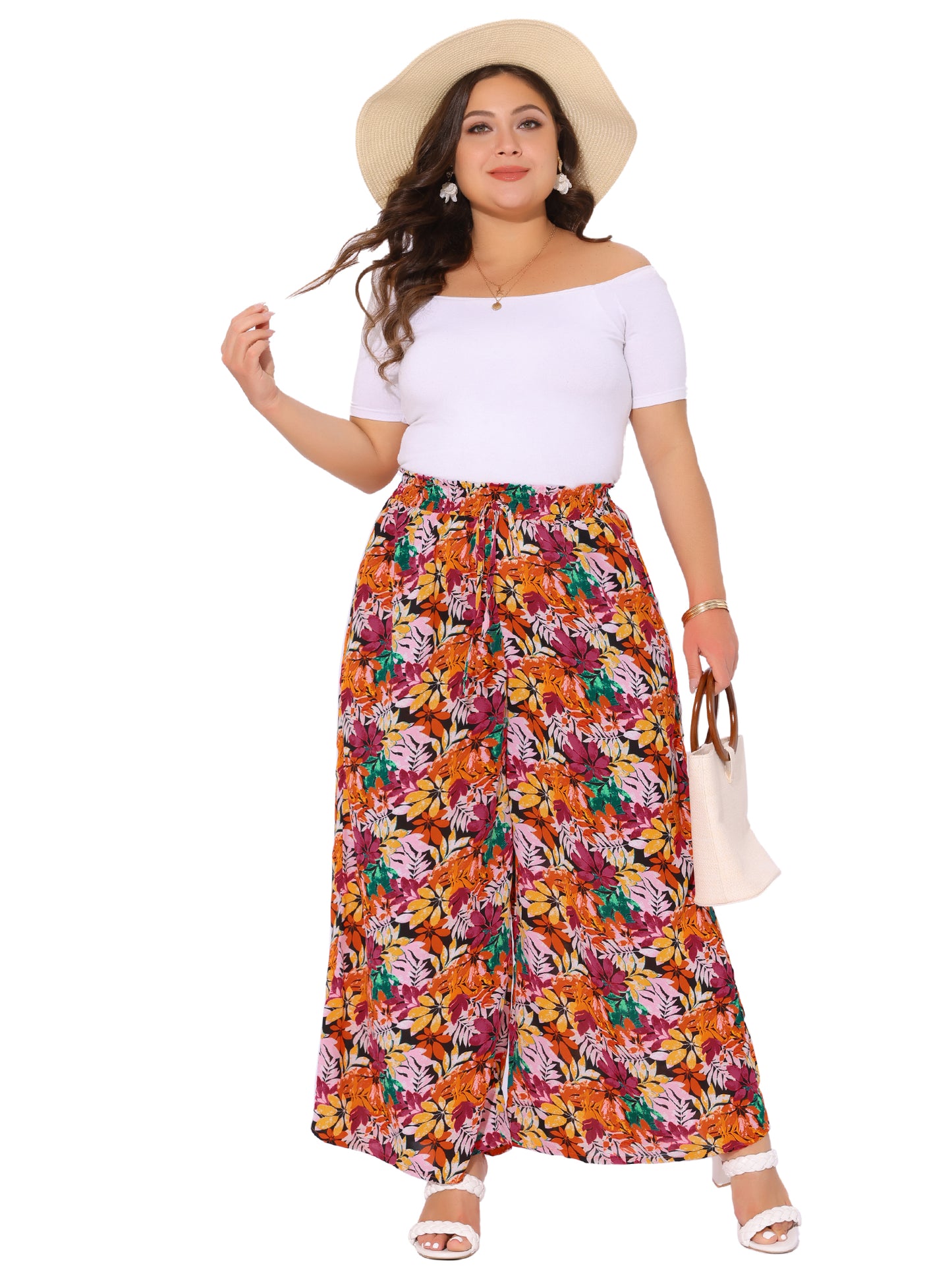 Women's Plus Size Casual Wide Leg Pants Boho Summer Floral Palazzo Pants Flowy Beach Trousers with Pocket