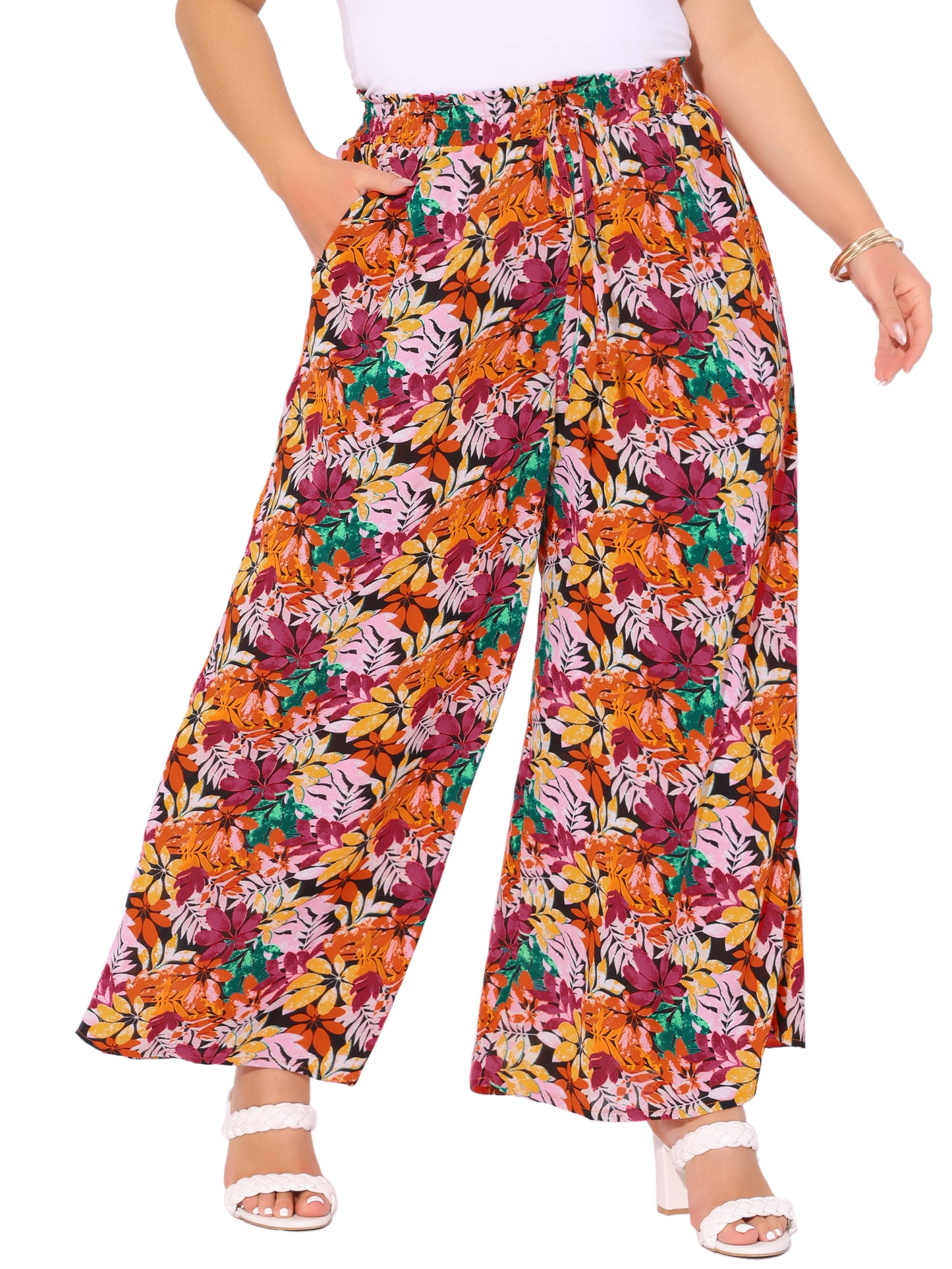 Women's Plus Size Casual Wide Leg Pants Boho Summer Floral Palazzo Pants Flowy Beach Trousers with Pocket
