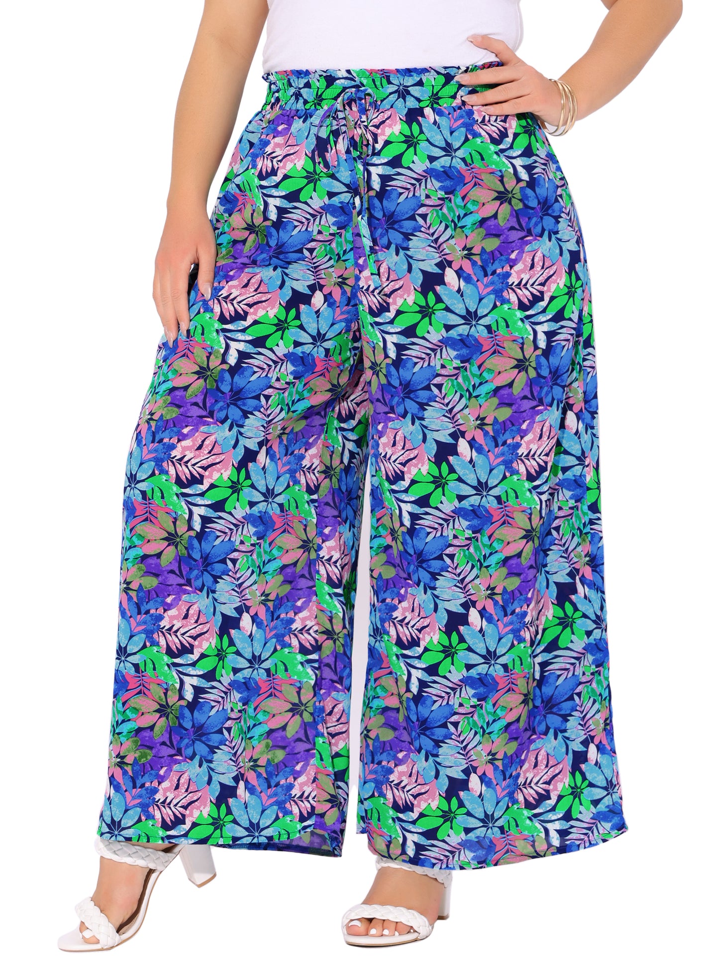 Women's Plus Size Casual Wide Leg Pants Boho Summer Floral Palazzo Pants Flowy Beach Trousers with Pocket