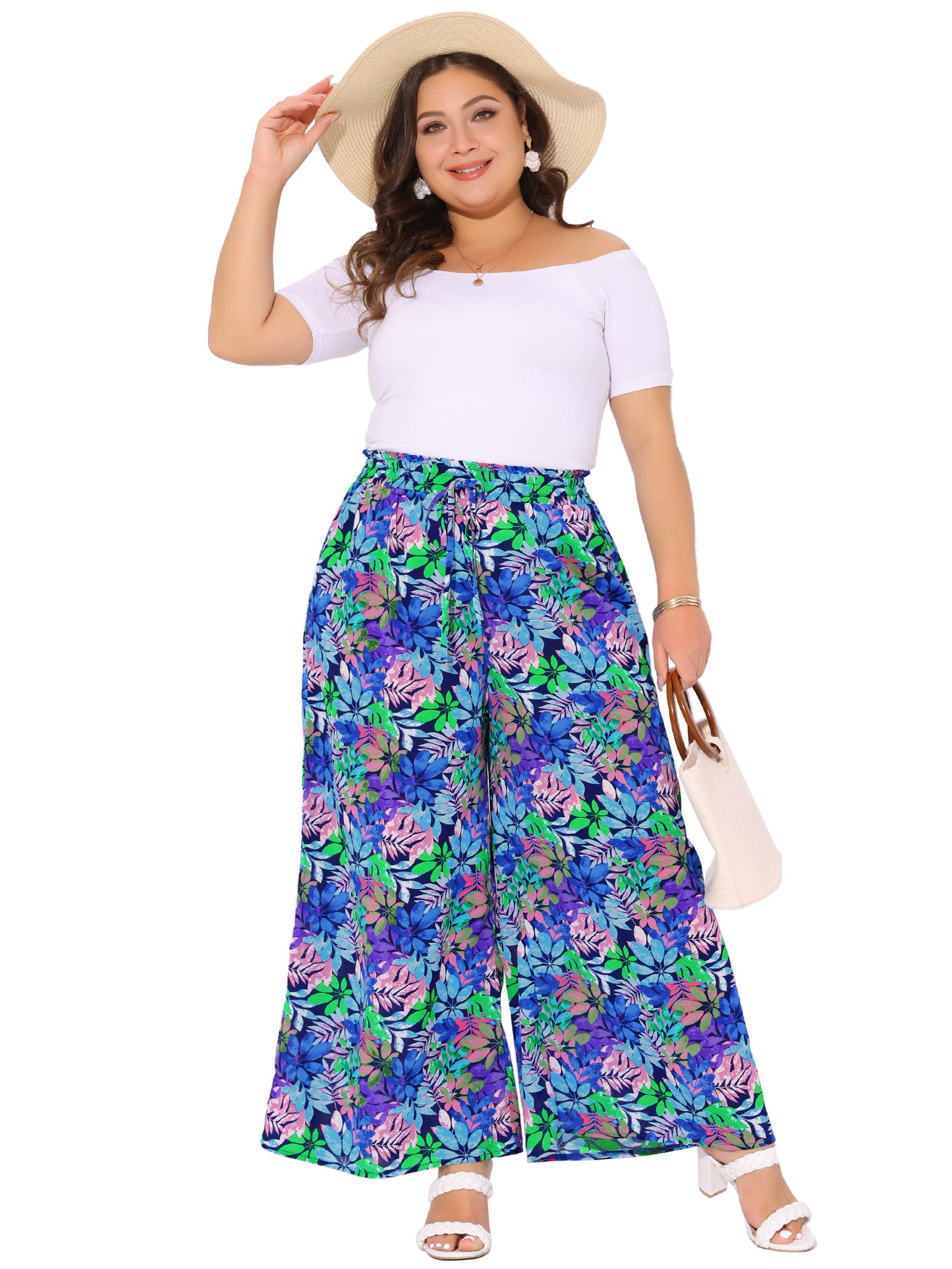 Women's Plus Size Casual Wide Leg Pants Boho Summer Floral Palazzo Pants Flowy Beach Trousers with Pocket